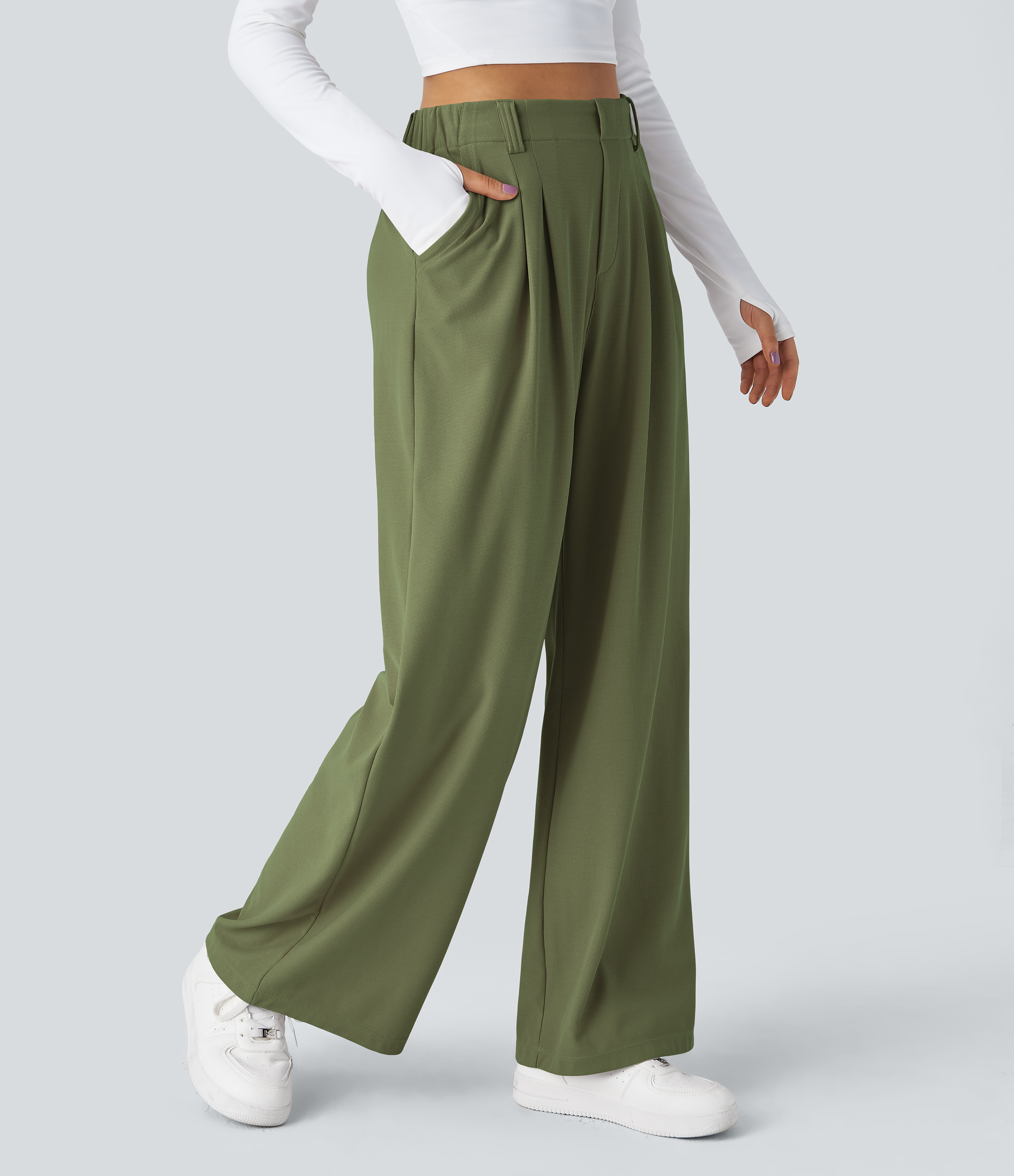 Halara High Waisted Plicated Side Pocket Wide Leg Waffle Casual Pants  - Loden Green - L(tall) sweatpants jogger pants stacked sweatpants 