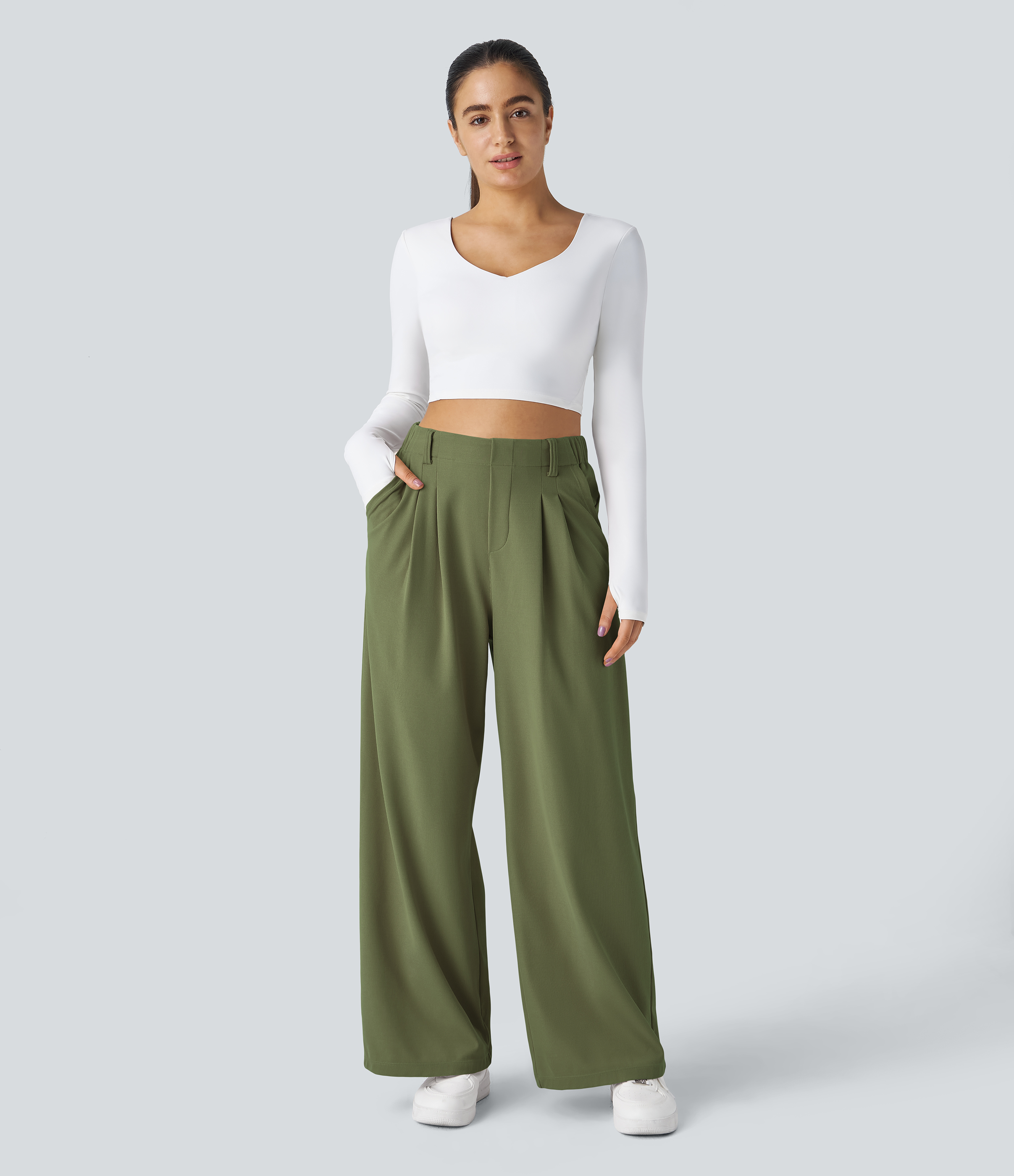 Halara High Waisted Plicated Side Pocket Wide Leg Waffle Casual Pants  - Loden Green - L(tall) sweatpants jogger pants stacked sweatpants 