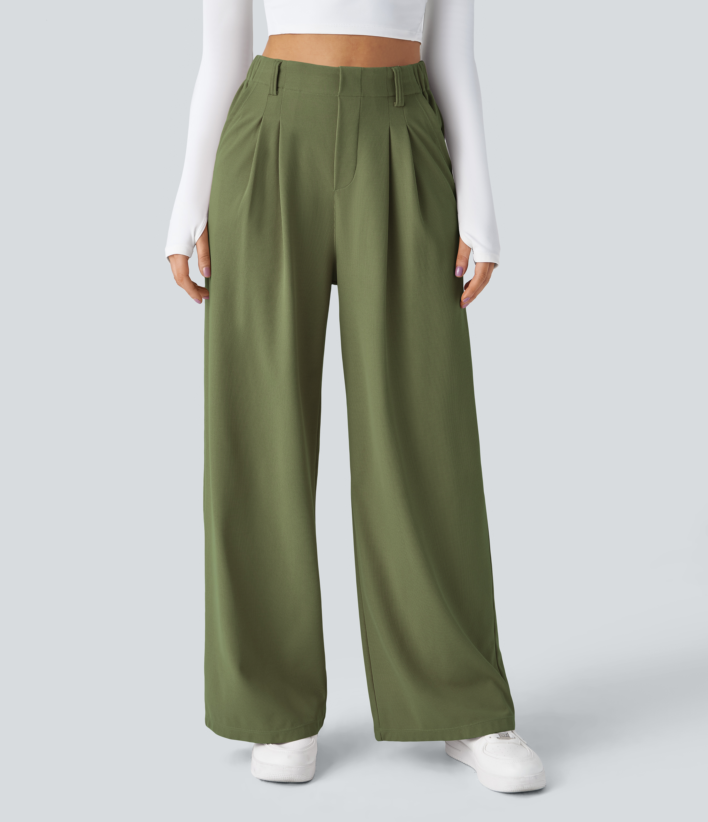 Halara High Waisted Plicated Side Pocket Wide Leg Waffle Casual Pants  - Loden Green - L(tall) sweatpants jogger pants stacked sweatpants 