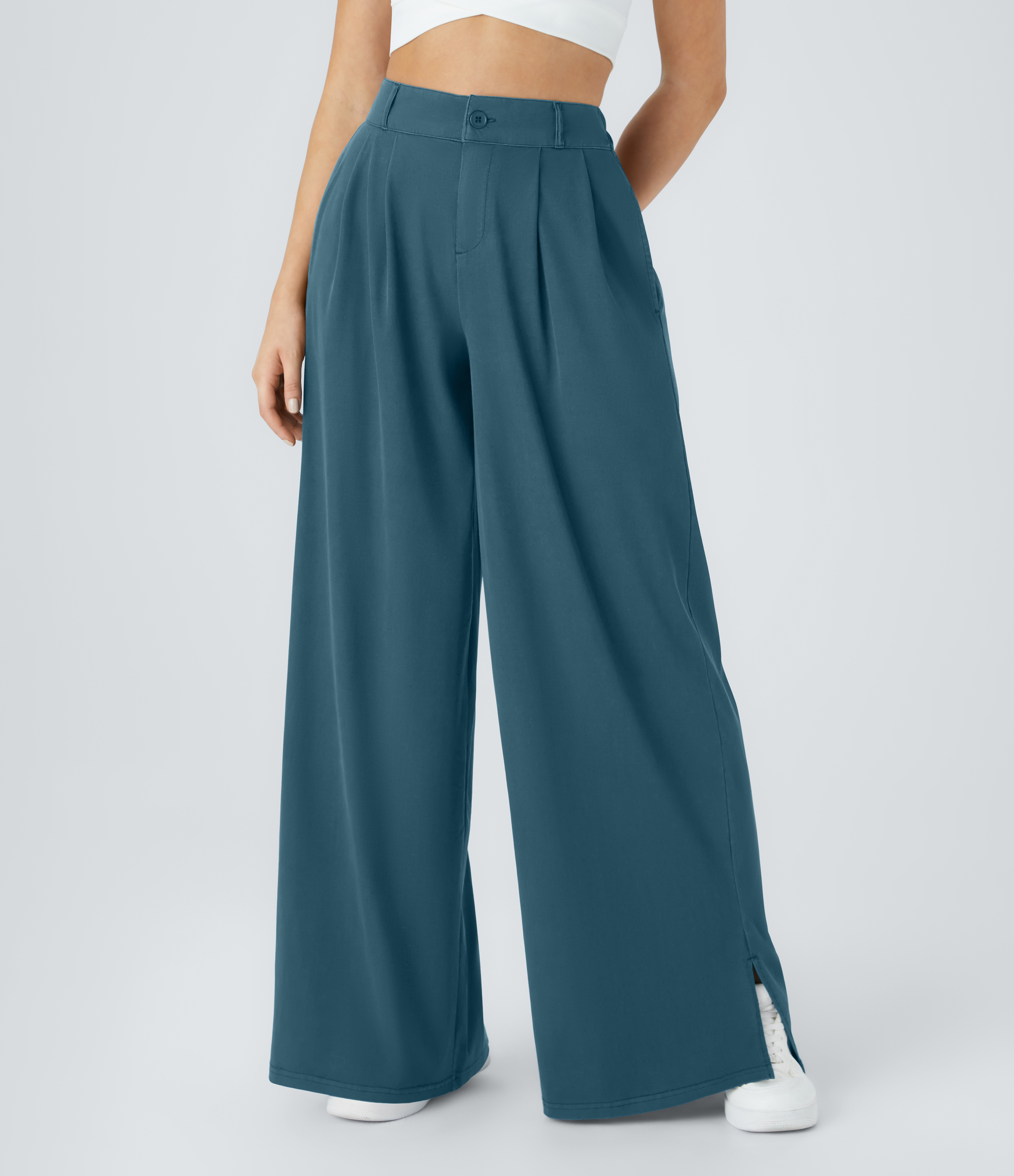 Halara High Waisted Button Zipper Plicated Side Pocket Split Hem Wide Leg Casual Pants  - Legion Blue - XS(regular) sweatpants jogger pants 