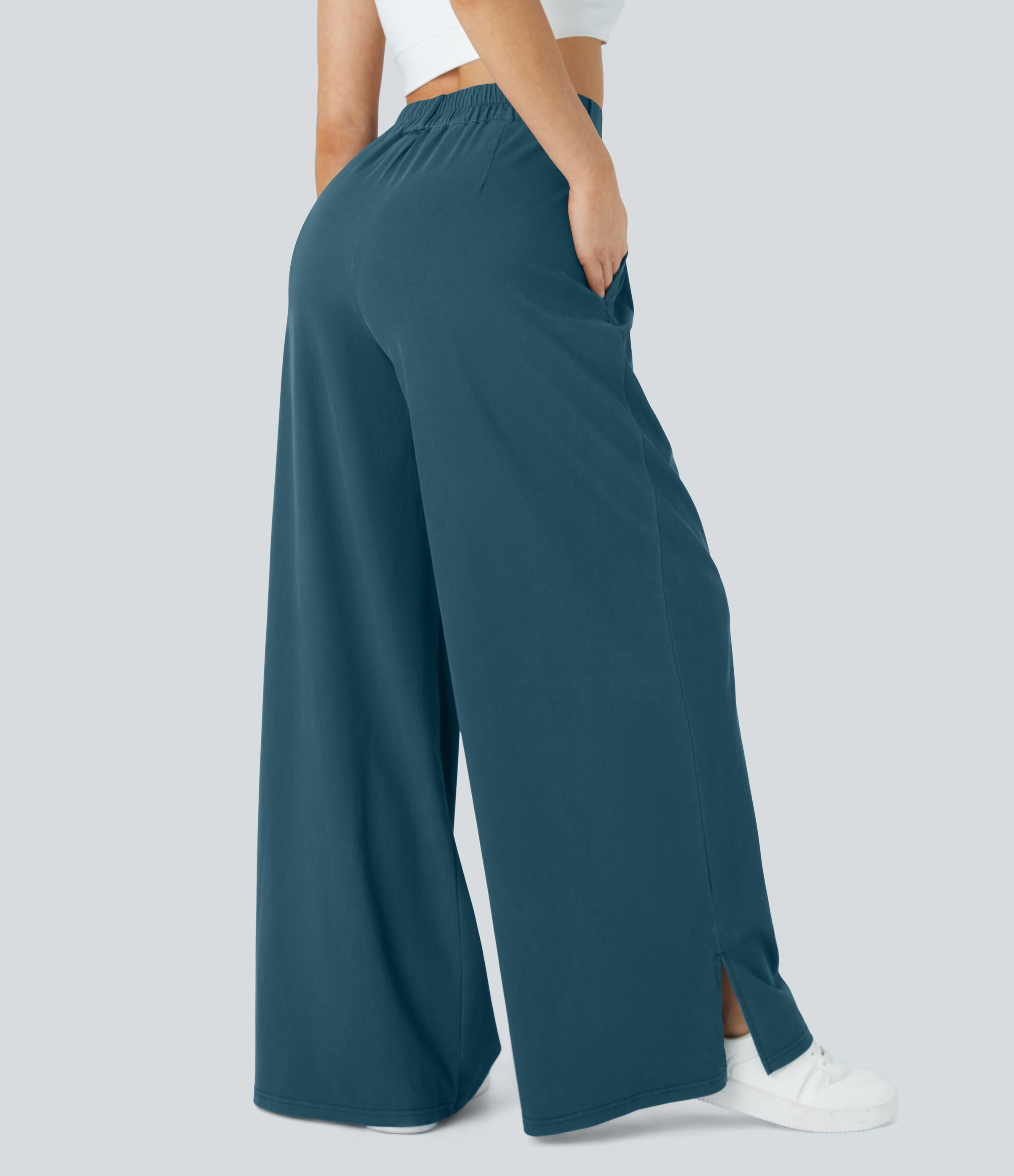 Halara High Waisted Button Zipper Plicated Side Pocket Split Hem Wide Leg Casual Pants  - Legion Blue - XS(regular) sweatpants jogger pants 