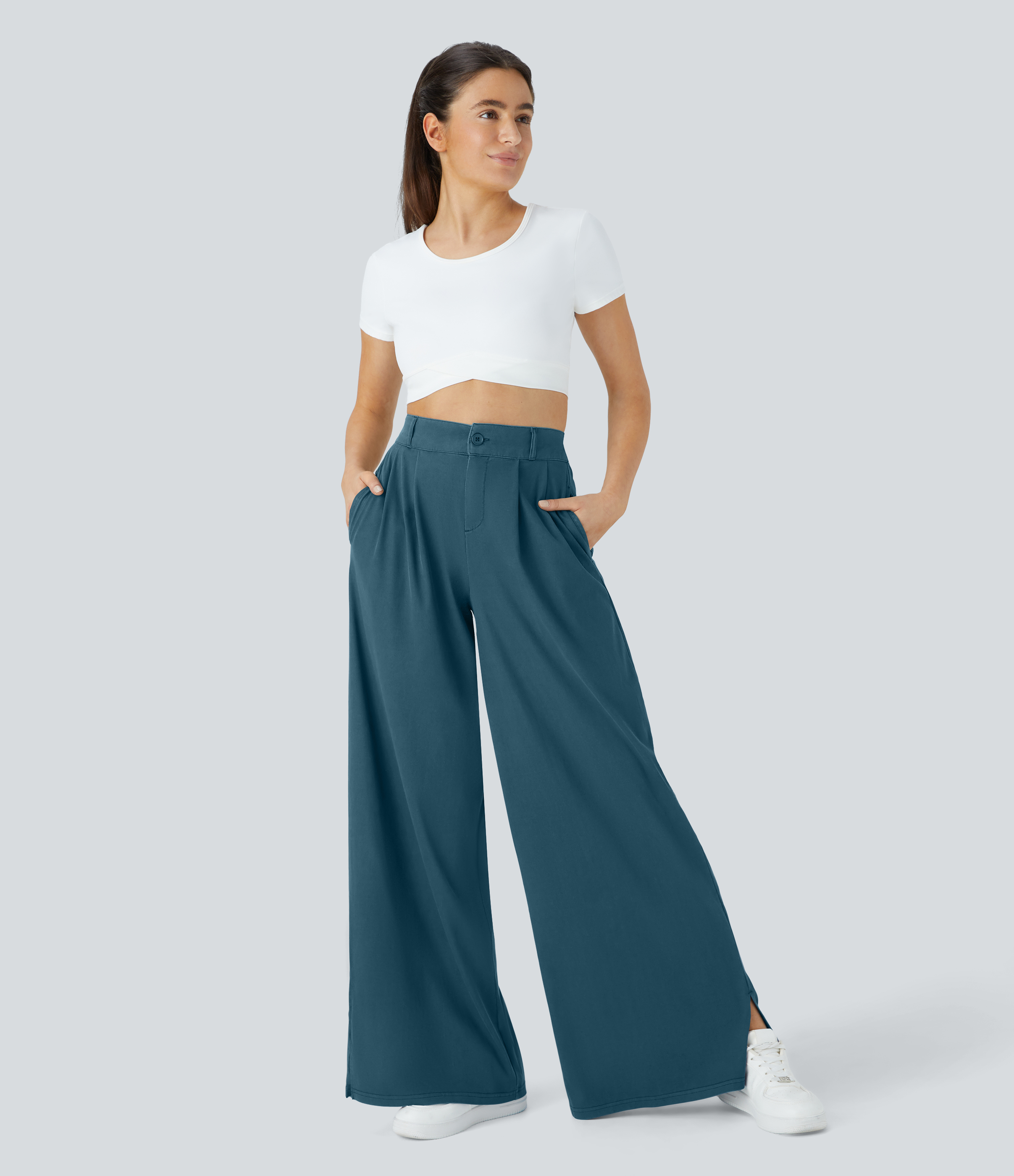 Halara High Waisted Button Zipper Plicated Side Pocket Split Hem Wide Leg Casual Pants  - Legion Blue - XS(regular) sweatpants jogger pants 