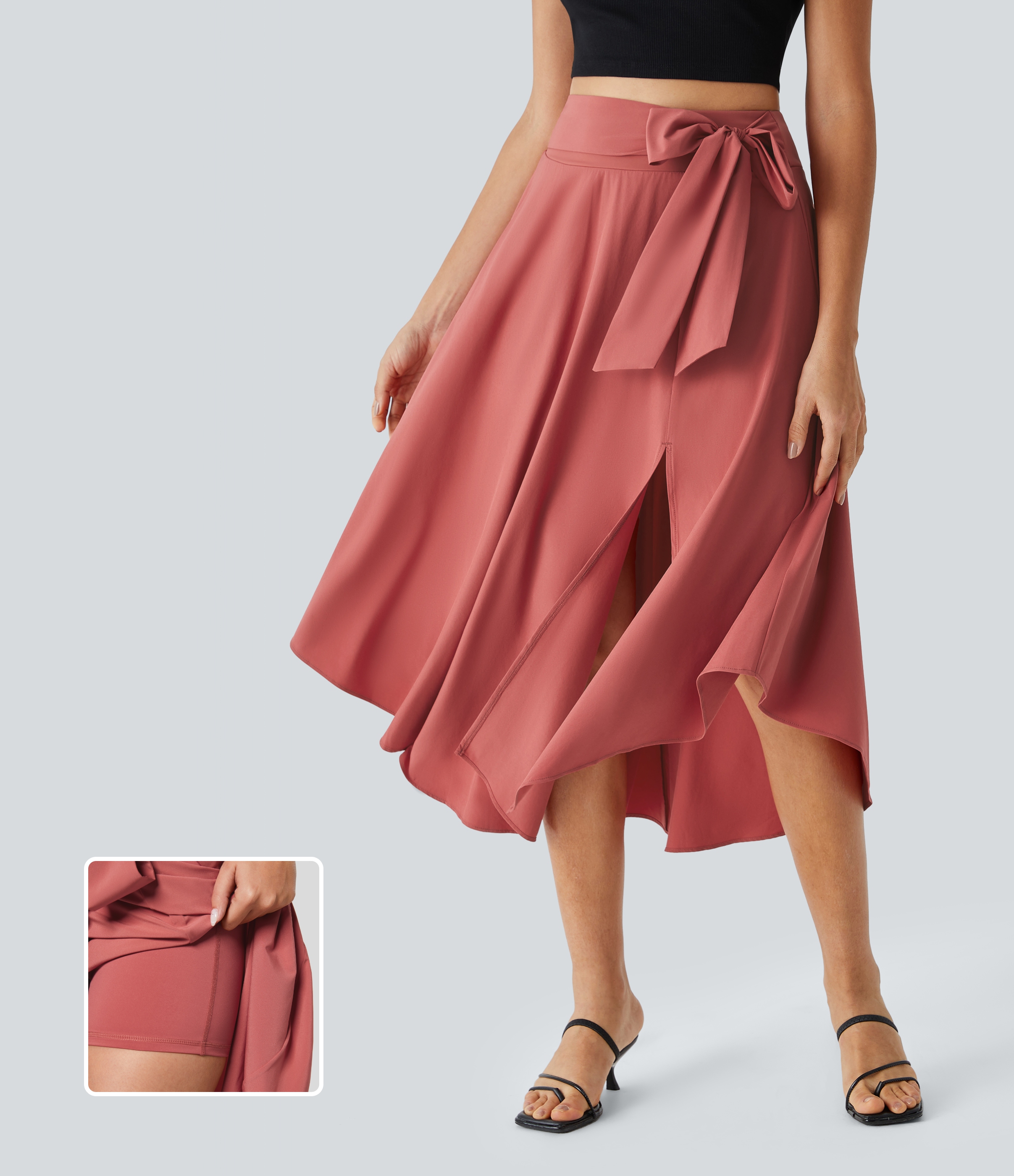 Halara Breezefulв„ў High Waisted Tie Side Split 2-in-1 Curved Hem Flowy Flare Quick Dry Midi Casual Skirt  - Flame Red - XL(regular) 