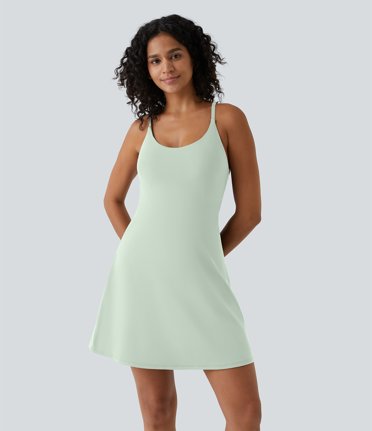 Halara Softlyzeroв„ў Plush Adjustable Straps Backless Crisscross 2-in-1 Pocket Flare Slip Active Dress Workout Dress - Fairest Jade - M 