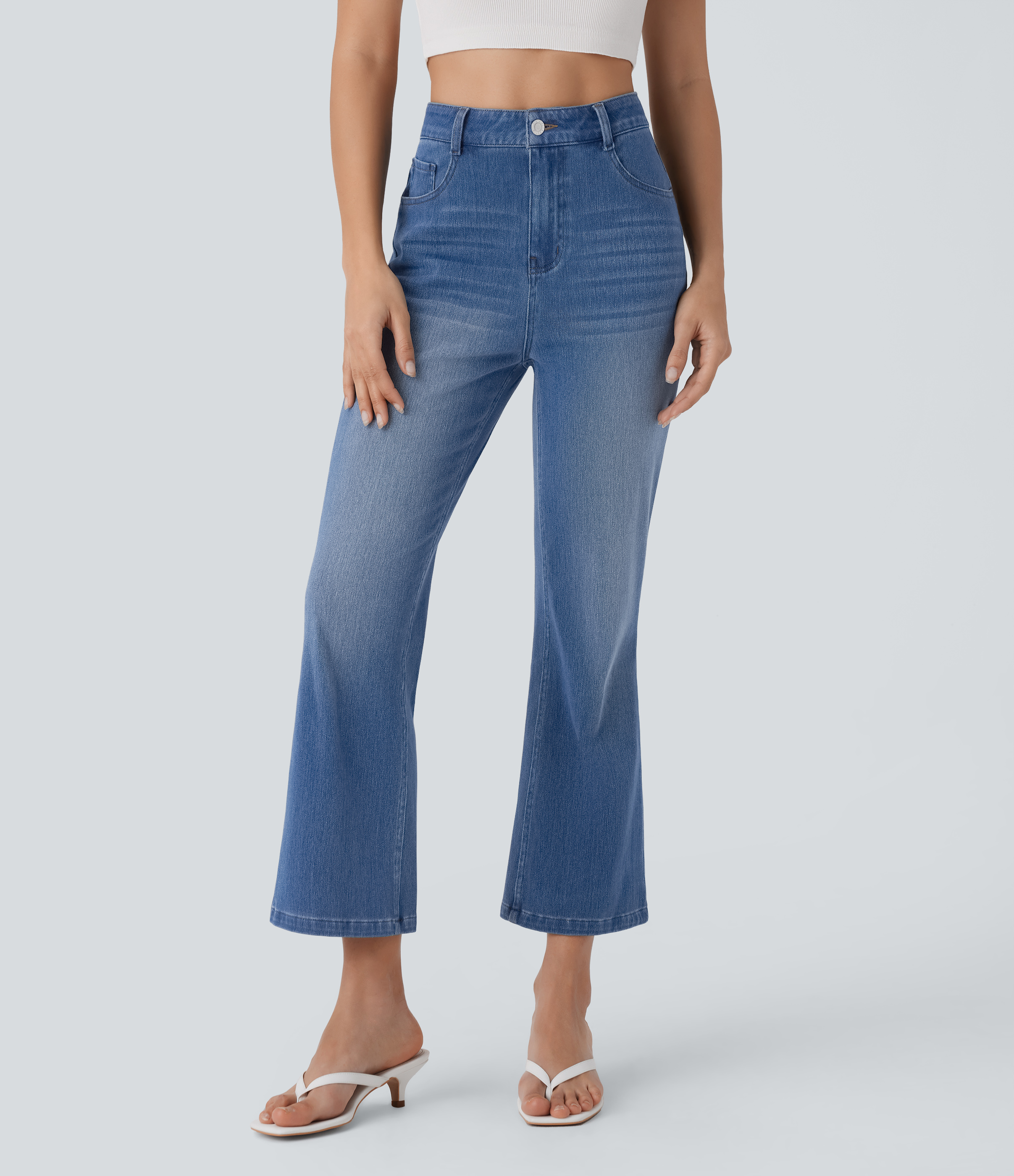 Mayan Blue Denim Jeans Halara Flex™ Denim tiro alto elástico múltiple bolsillo cierre botón / 1