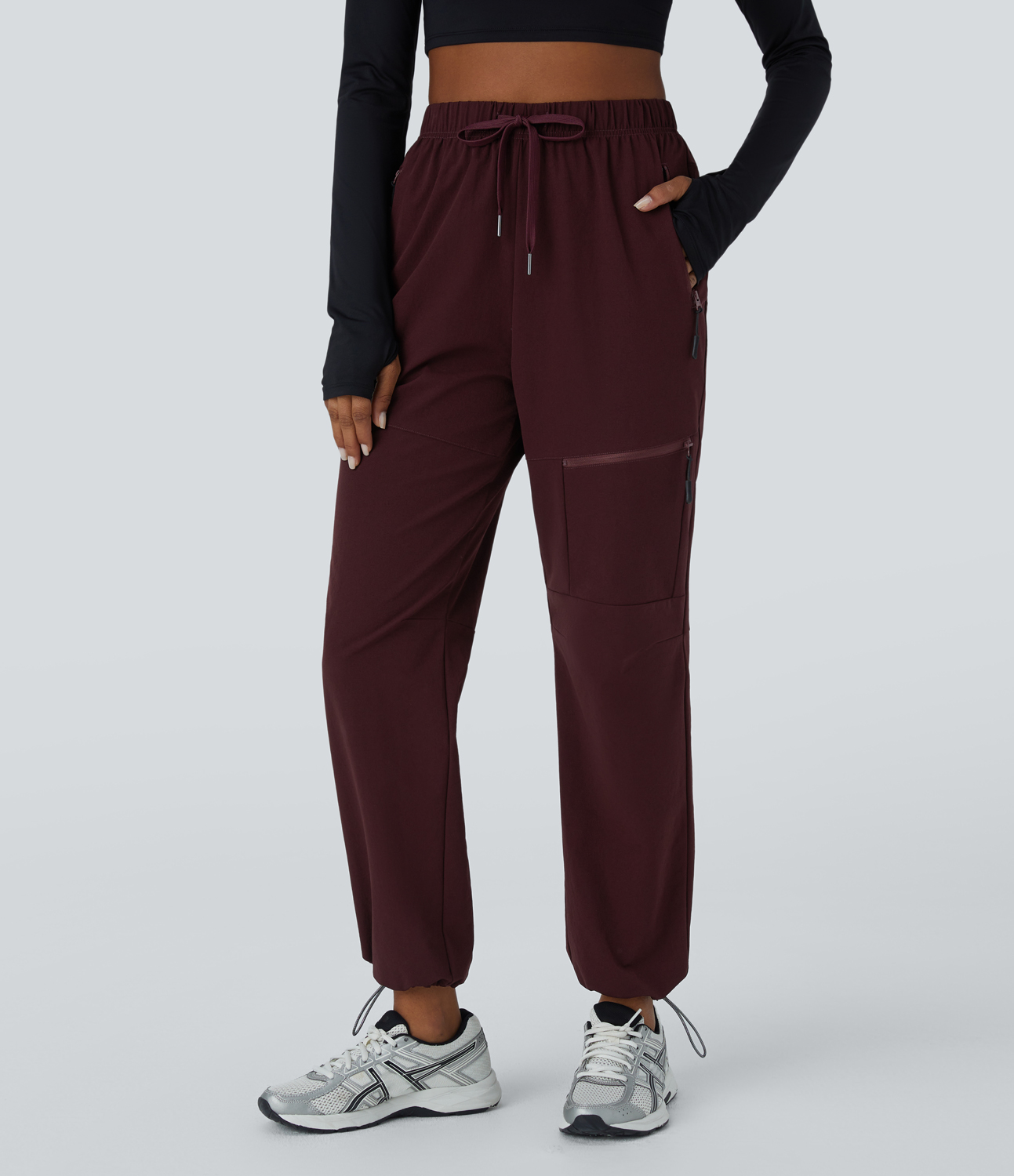 Halara High Waisted Drawstring Multiple Zip Pockets Adjustable Drawcord Hiking Pants  - Raisin - XL(regular) 