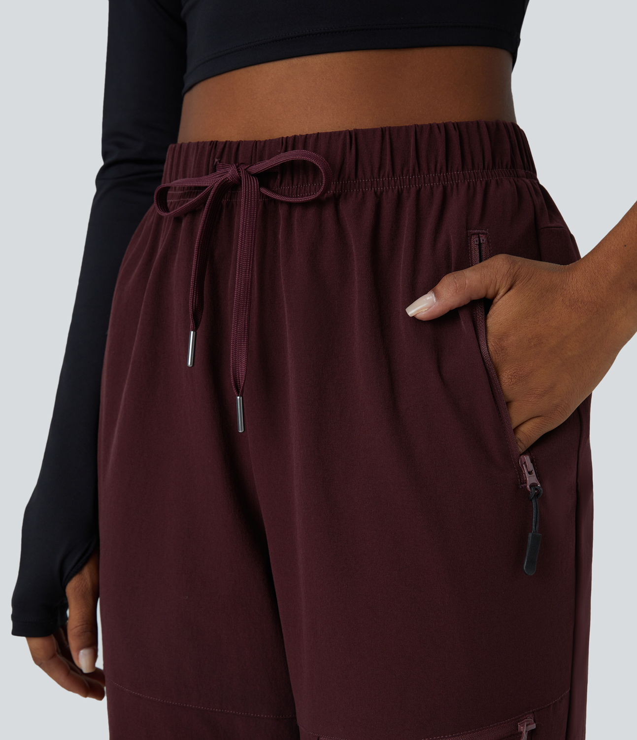 Halara High Waisted Drawstring Multiple Zip Pockets Adjustable Drawcord Hiking Pants  - Raisin - XL(regular) 