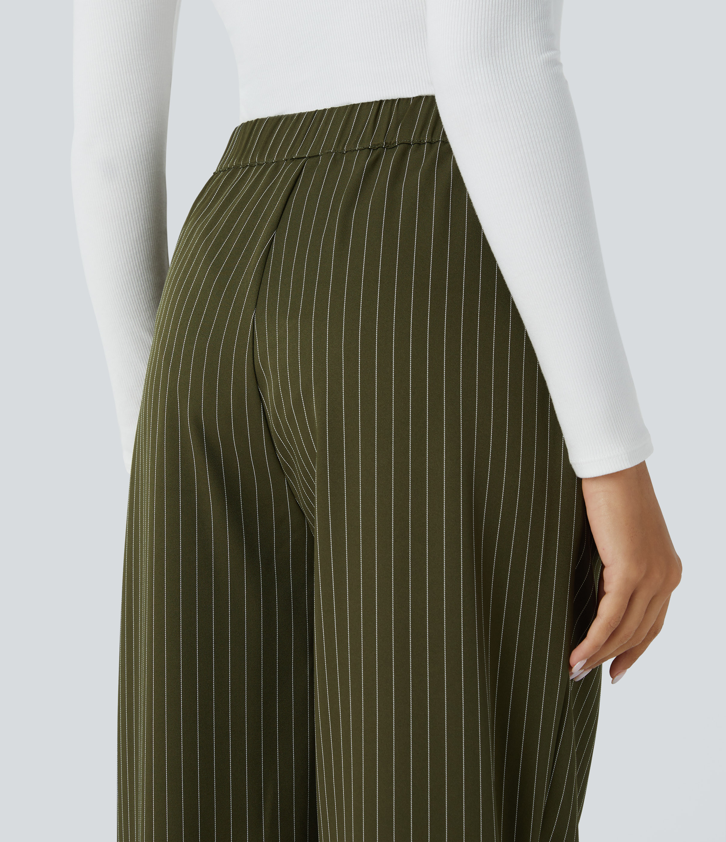 Halara High Waisted Button Zipper Side Pocket Wide Leg Striped Work Pants  - Loden Green - XS(regular) sweatpants jogger pants 