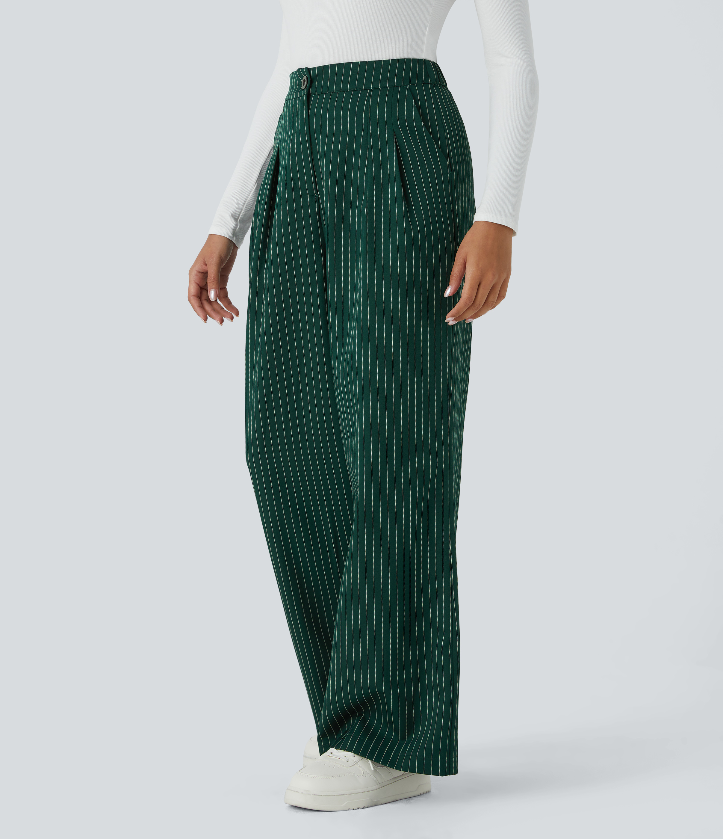 Halara High Waisted Button Zipper Side Pocket Wide Leg Striped Work Pants  - Forest Biome - S(regular) sweatpants jogger pants 