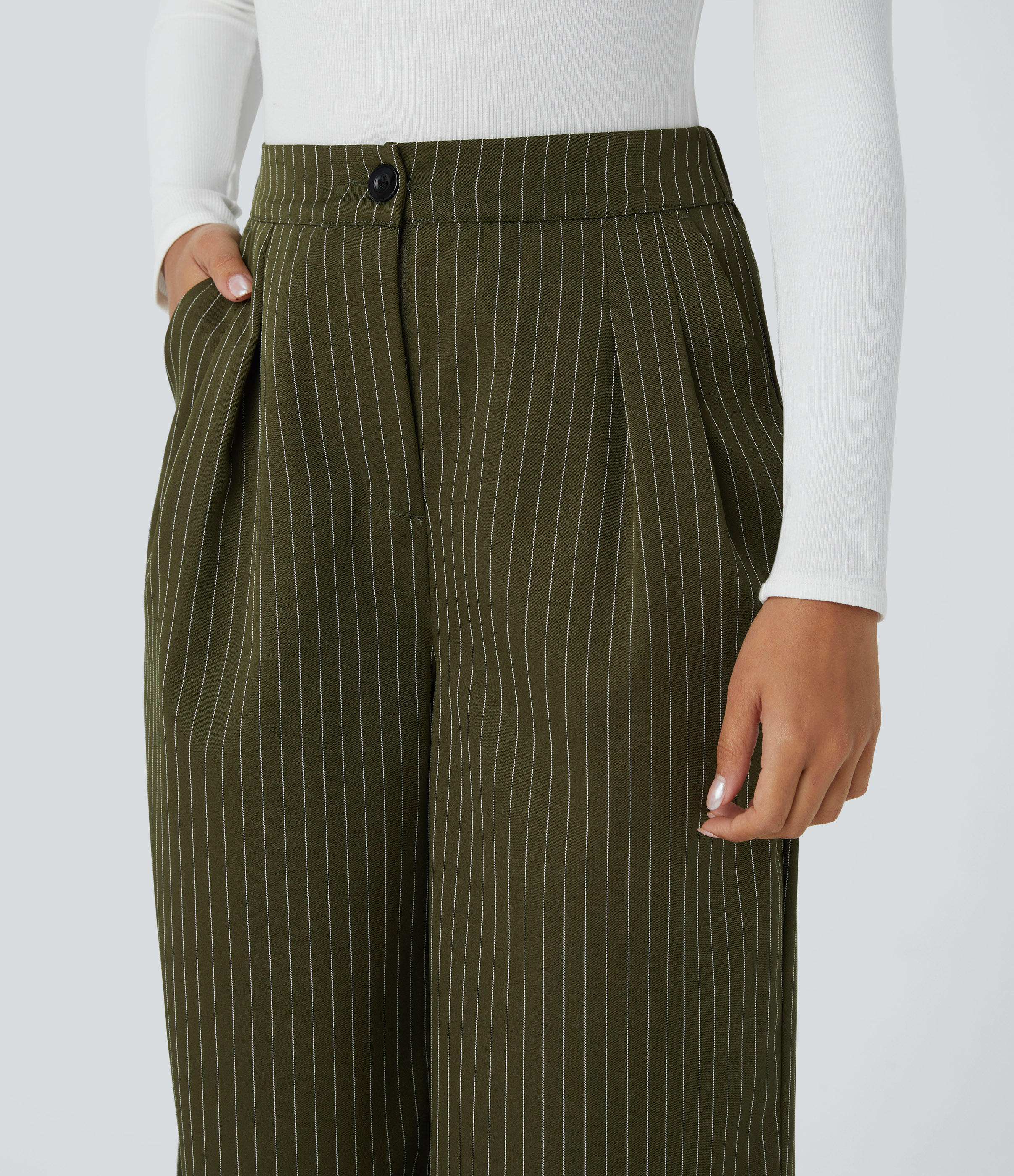 Halara High Waisted Button Zipper Side Pocket Wide Leg Striped Work Pants  - Loden Green - XS(regular) sweatpants jogger pants 
