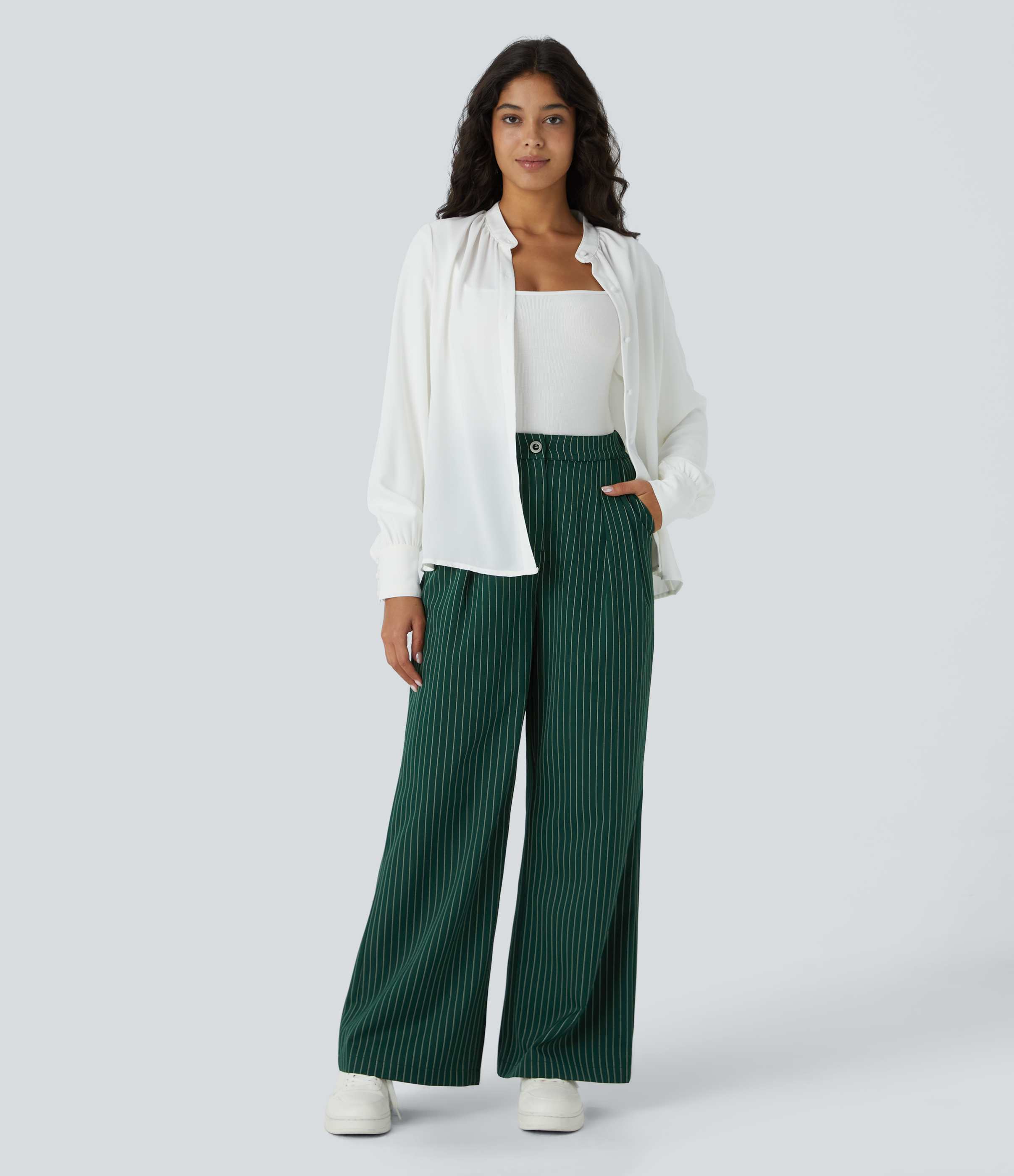 Halara High Waisted Button Zipper Side Pocket Wide Leg Striped Work Pants  - Forest Biome - S(regular) sweatpants jogger pants 