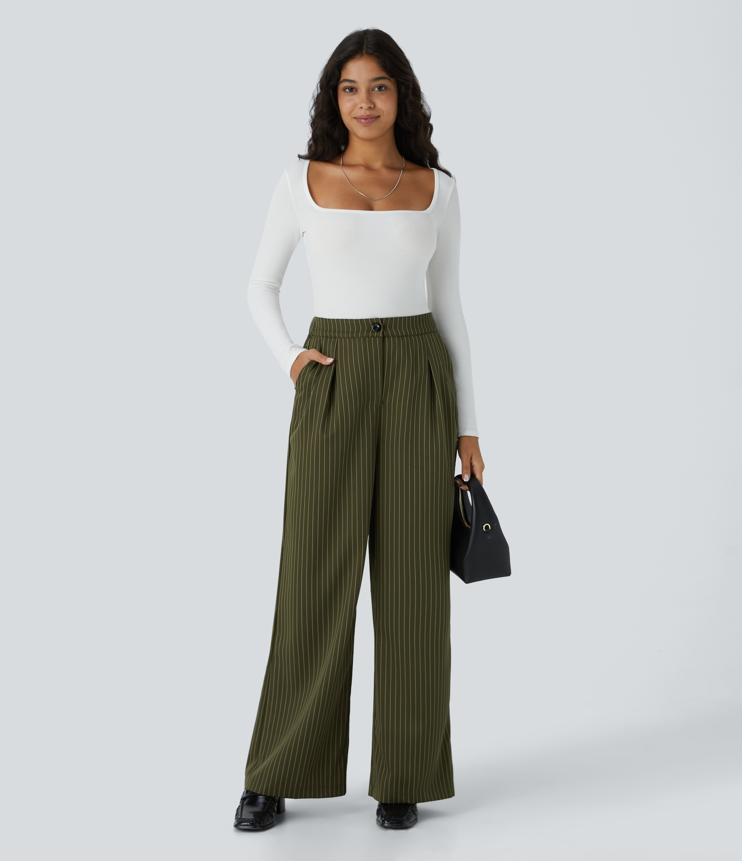 Halara High Waisted Button Zipper Side Pocket Wide Leg Striped Work Pants  - Loden Green - XS(regular) sweatpants jogger pants 
