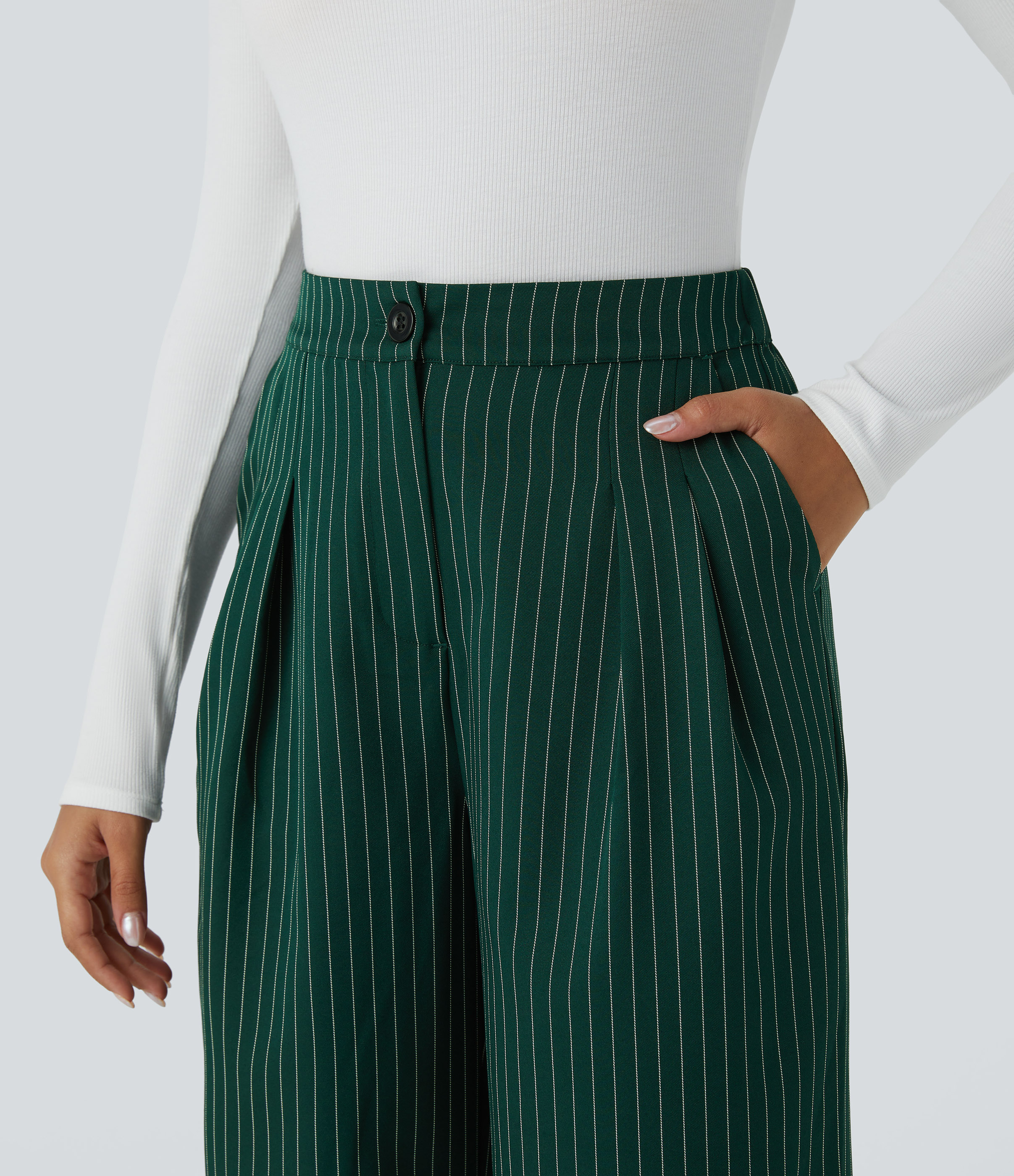 Halara High Waisted Button Zipper Side Pocket Wide Leg Striped Work Pants  - Forest Biome - S(regular) sweatpants jogger pants 