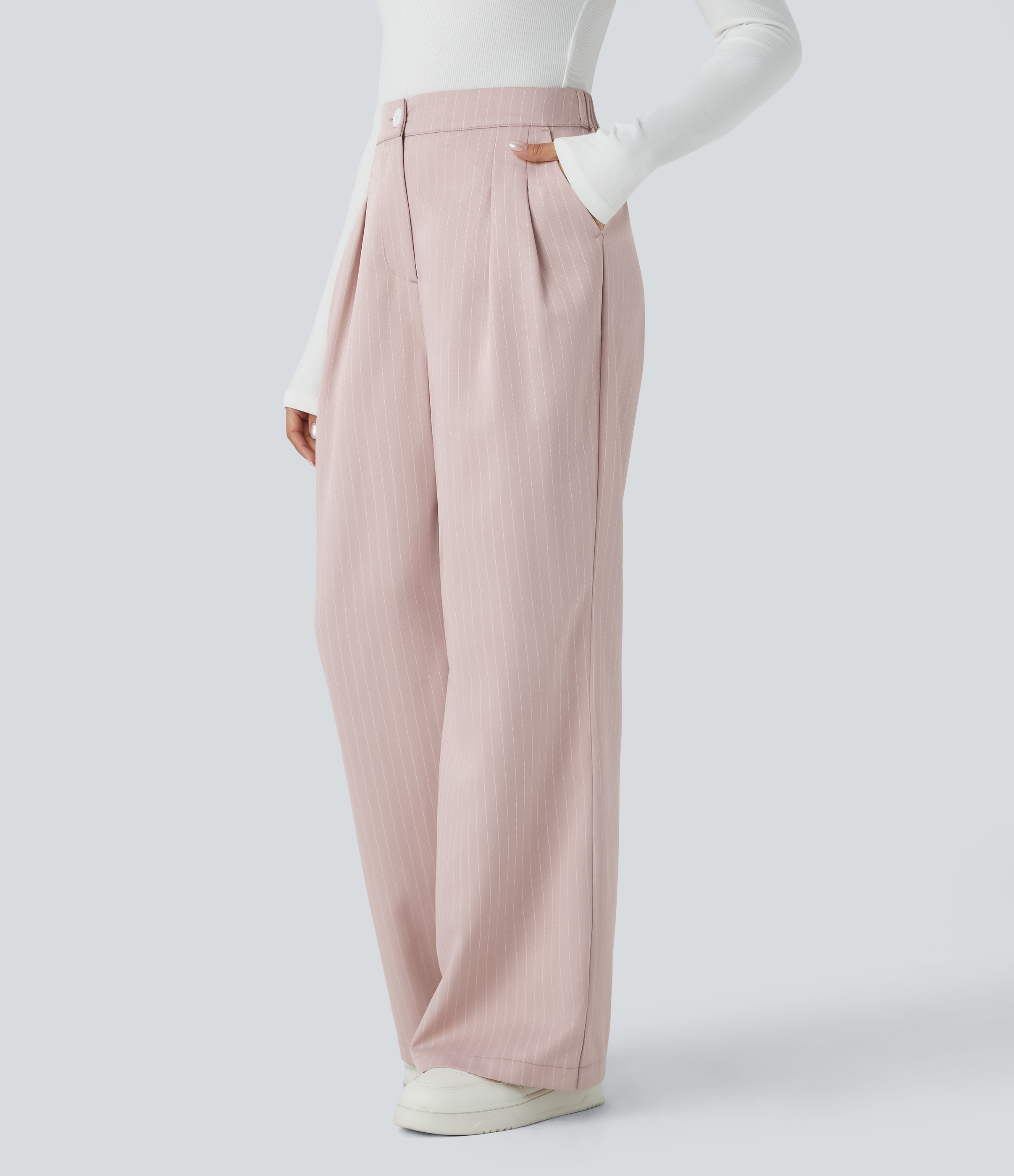 Halara High Waisted Button Zipper Side Pocket Wide Leg Striped Work Pants  - Rosette - XS(regular) sweatpants jogger pants stacked sweatpants 