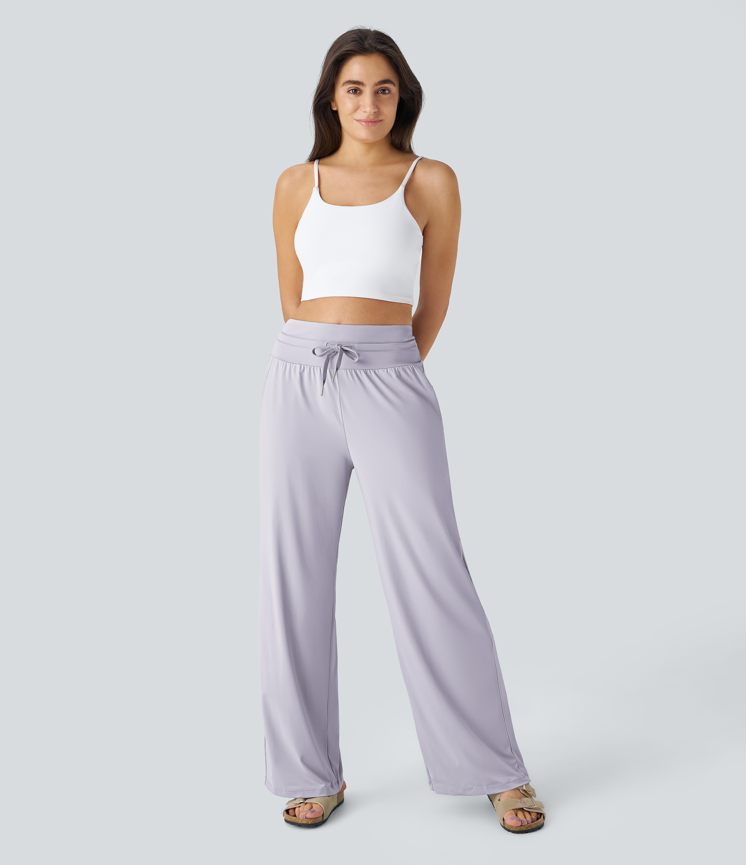 Halara High Waisted Drawstring Side Pocket Wide Leg Cool Touch Casual Pants  - Misty Lilac - XS(regular) sweatpants jogger pants 