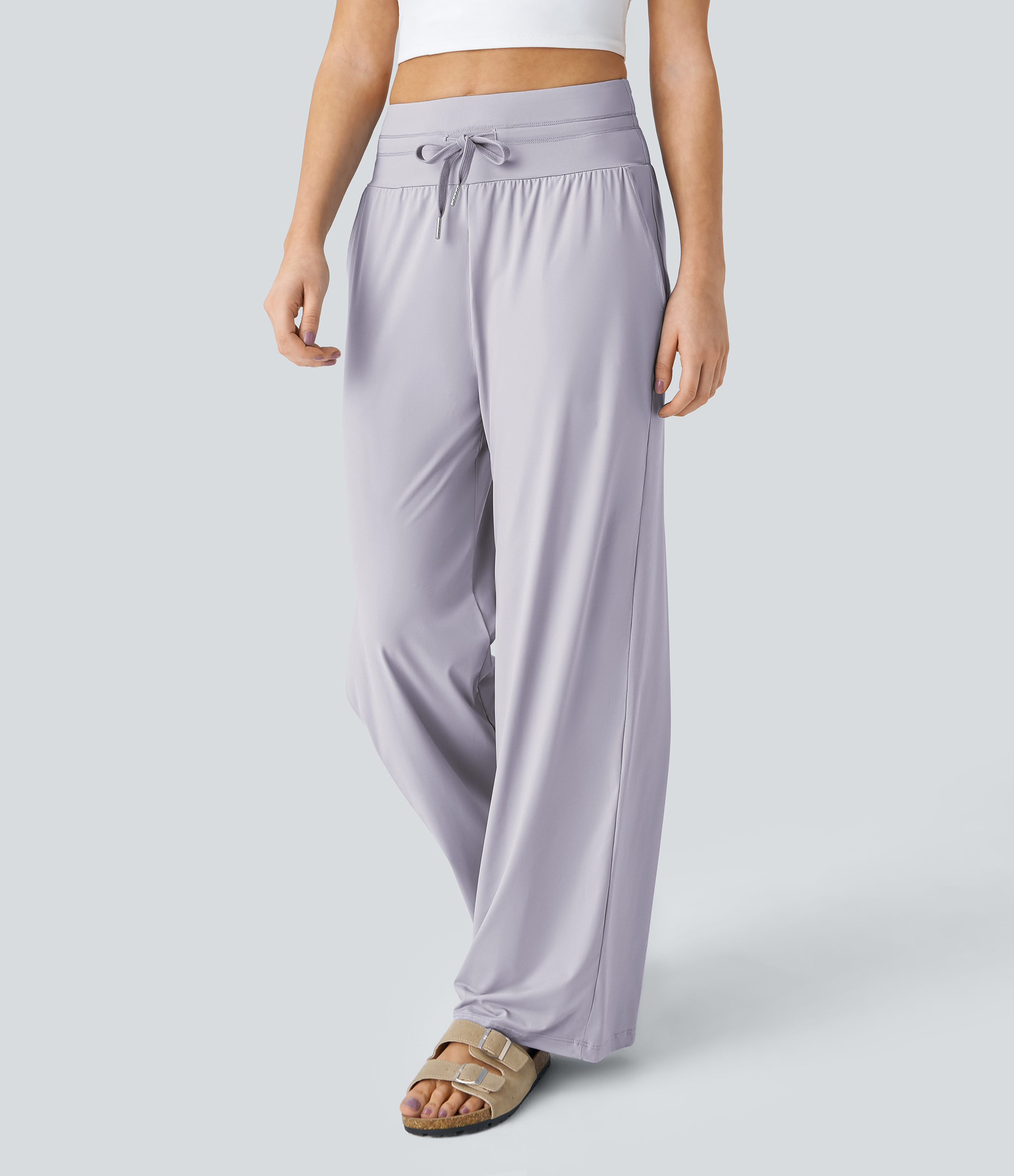 Halara High Waisted Drawstring Side Pocket Wide Leg Cool Touch Casual Pants  - Misty Lilac - XS(regular) sweatpants jogger pants 
