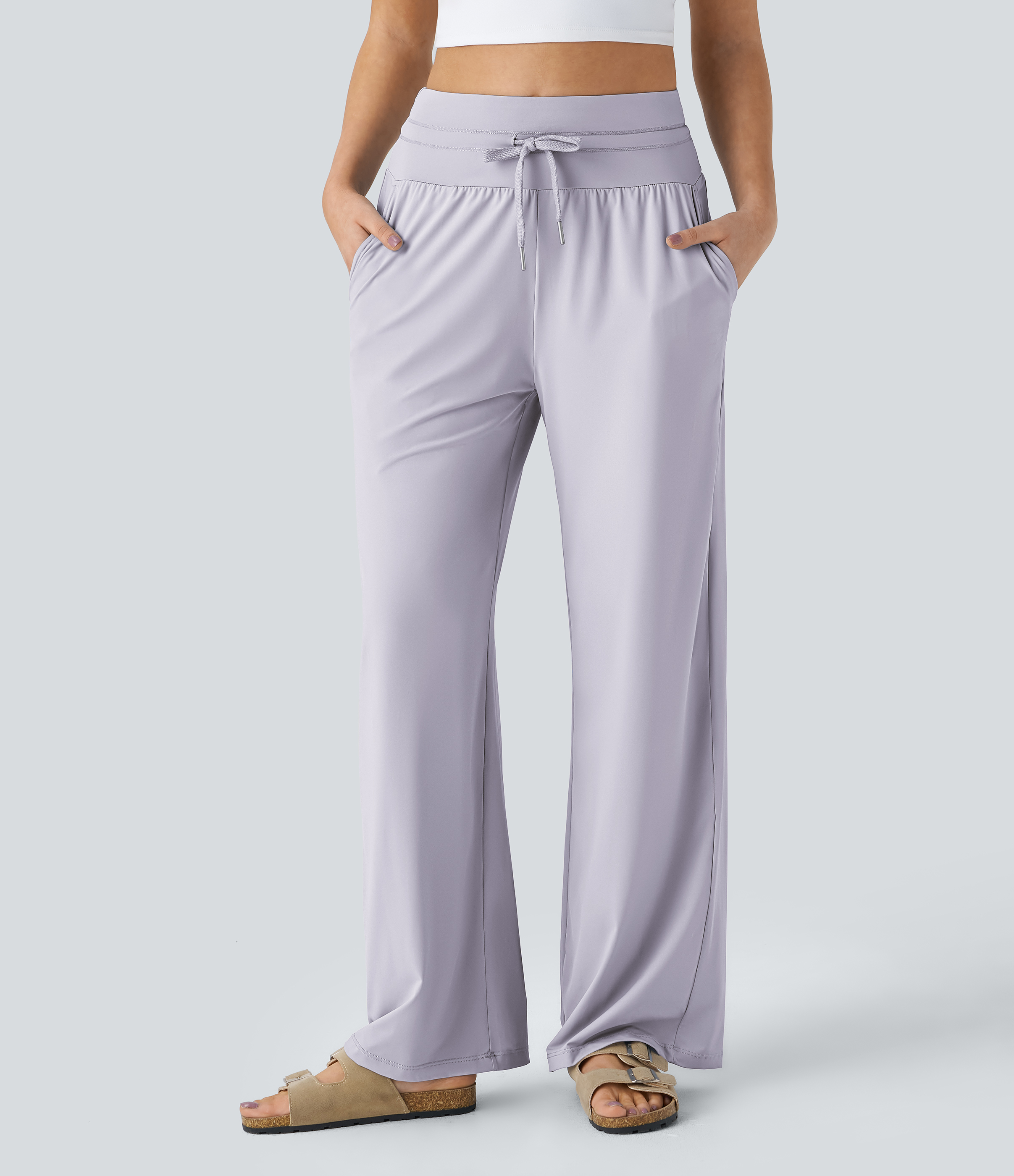 Halara High Waisted Drawstring Side Pocket Wide Leg Cool Touch Casual Pants  - Misty Lilac - XS(regular) sweatpants jogger pants 