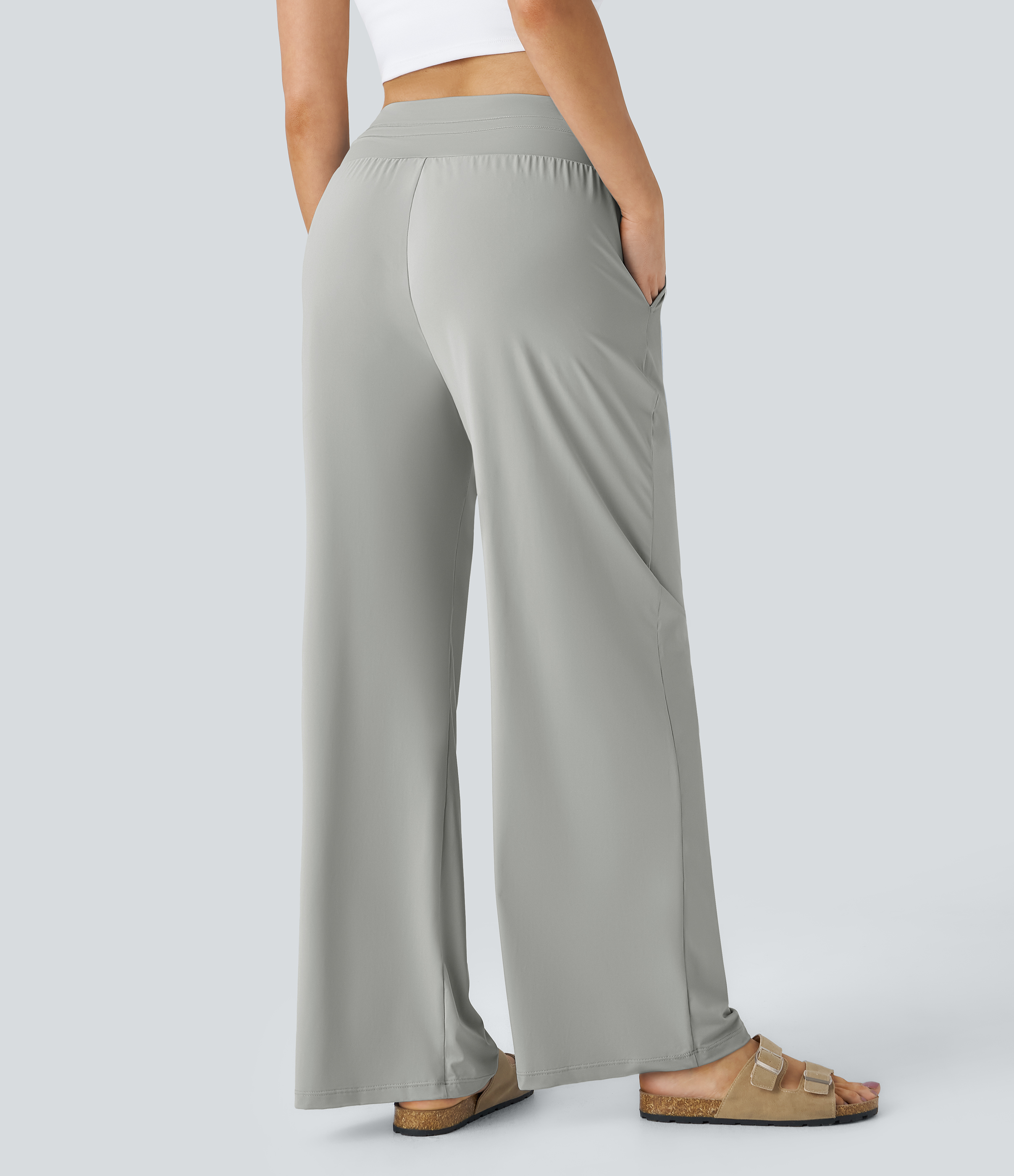 Halara High Waisted Drawstring Side Pocket Wide Leg Cool Touch Casual Pants  - Storm Gray - XL(regular) sweatpants jogger pants 
