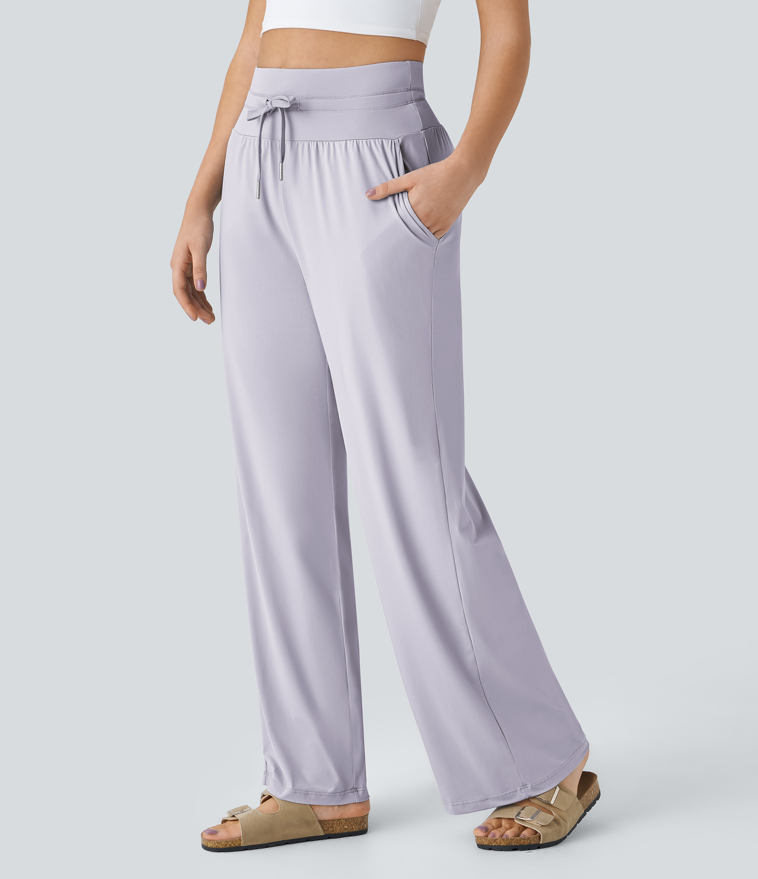 Halara High Waisted Drawstring Side Pocket Wide Leg Cool Touch Casual Pants  - Misty Lilac - XS(regular) sweatpants jogger pants 