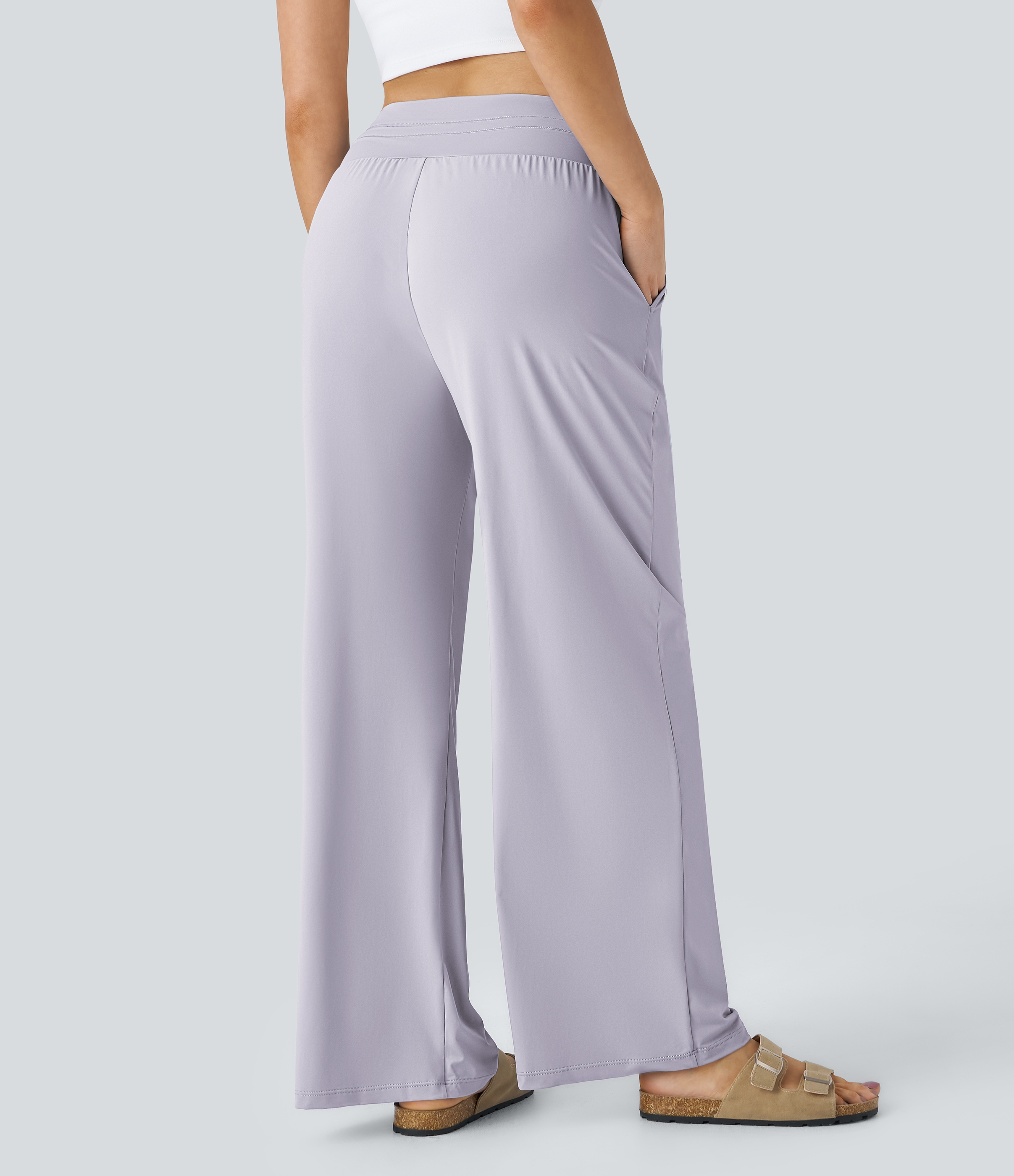 Halara High Waisted Drawstring Side Pocket Wide Leg Cool Touch Casual Pants  - Misty Lilac - XS(regular) sweatpants jogger pants 