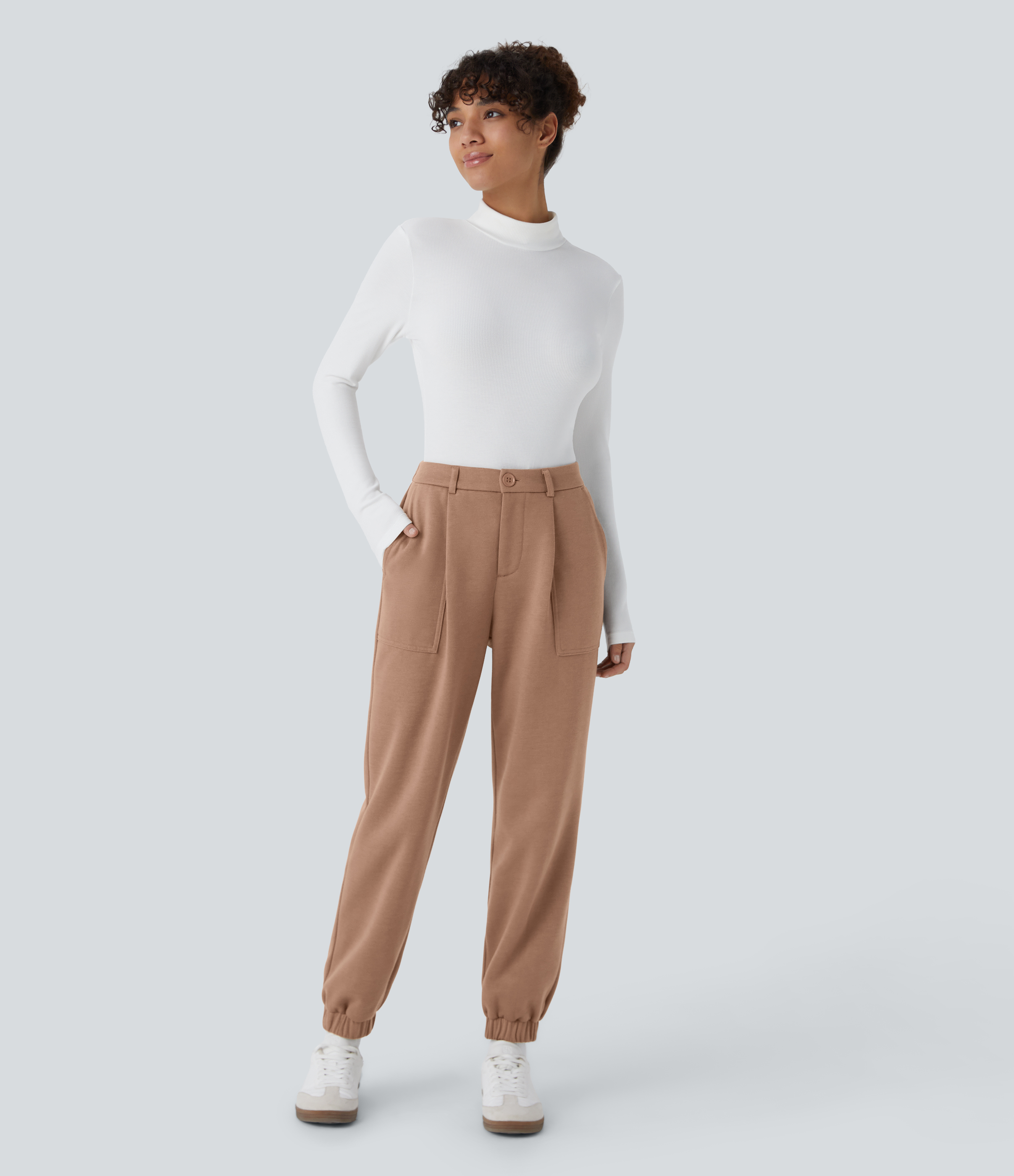 Halara High Waisted Button Zipper Side Pocket Fleece Casual Joggers  - Mocha Mousse - S(regular) 