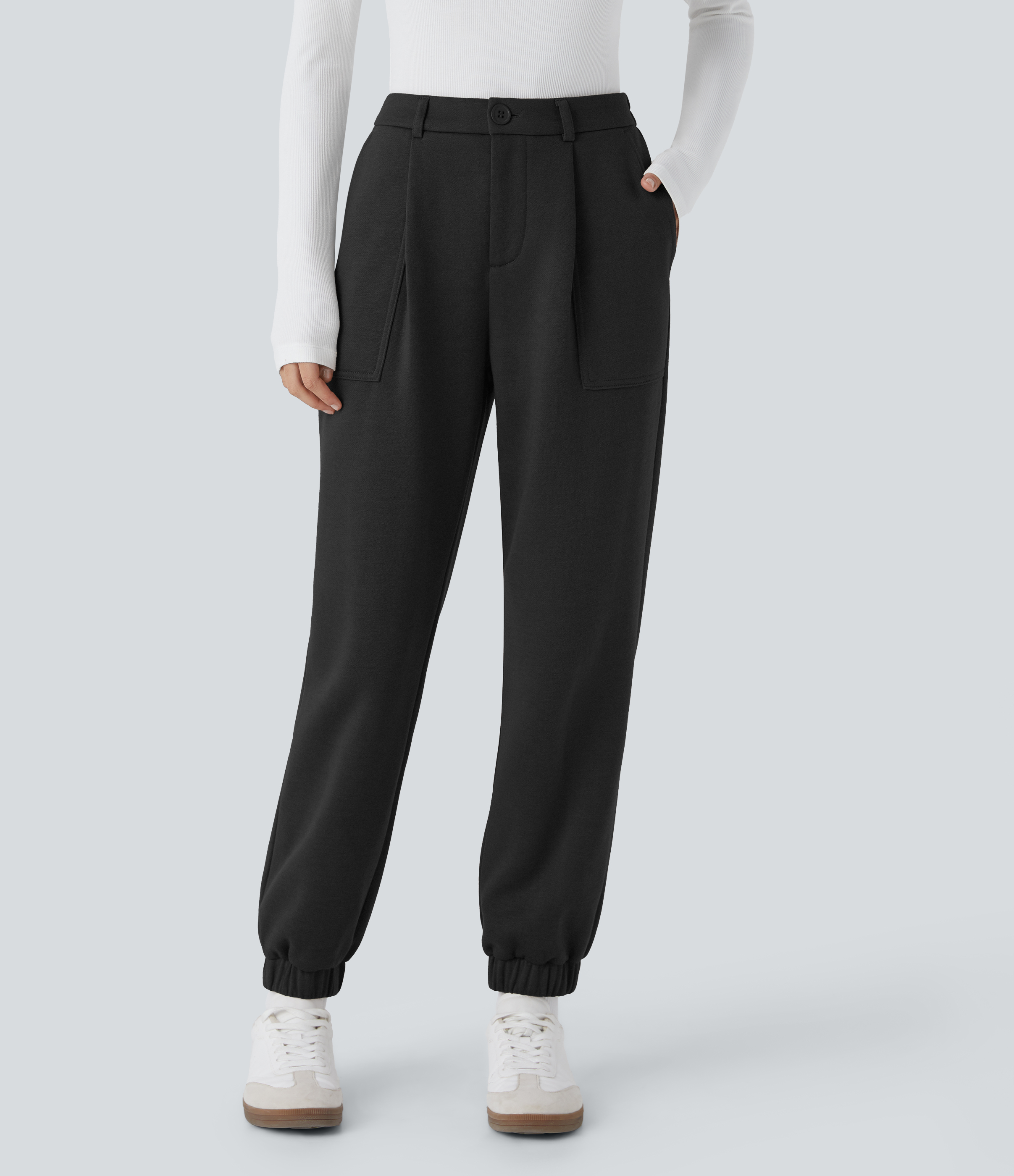 Halara High Waisted Button Zipper Side Pocket Fleece Casual Joggers  - Black - XS(regular) 