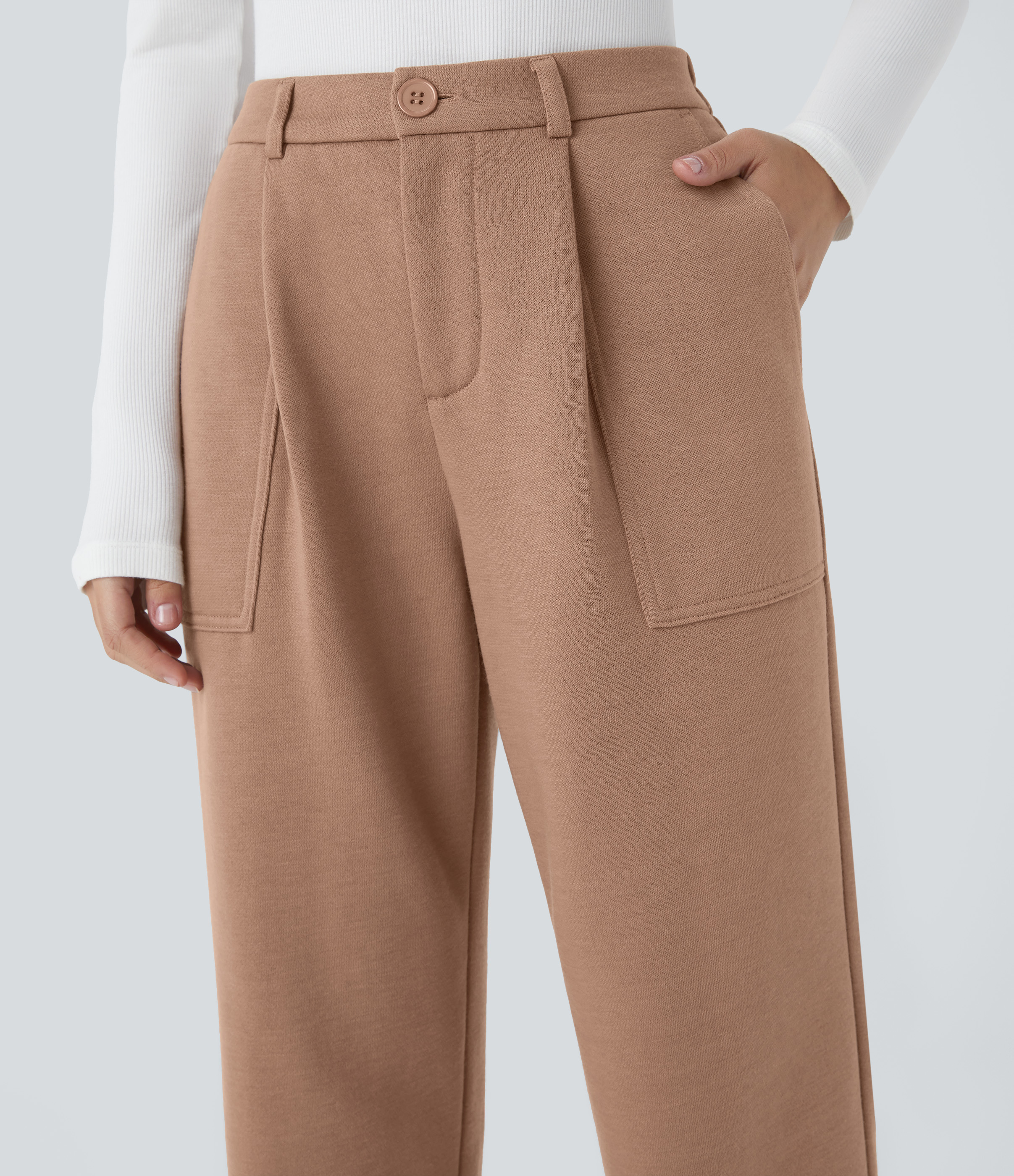 Halara High Waisted Button Zipper Side Pocket Fleece Casual Joggers  - Mocha Mousse - S(regular) 