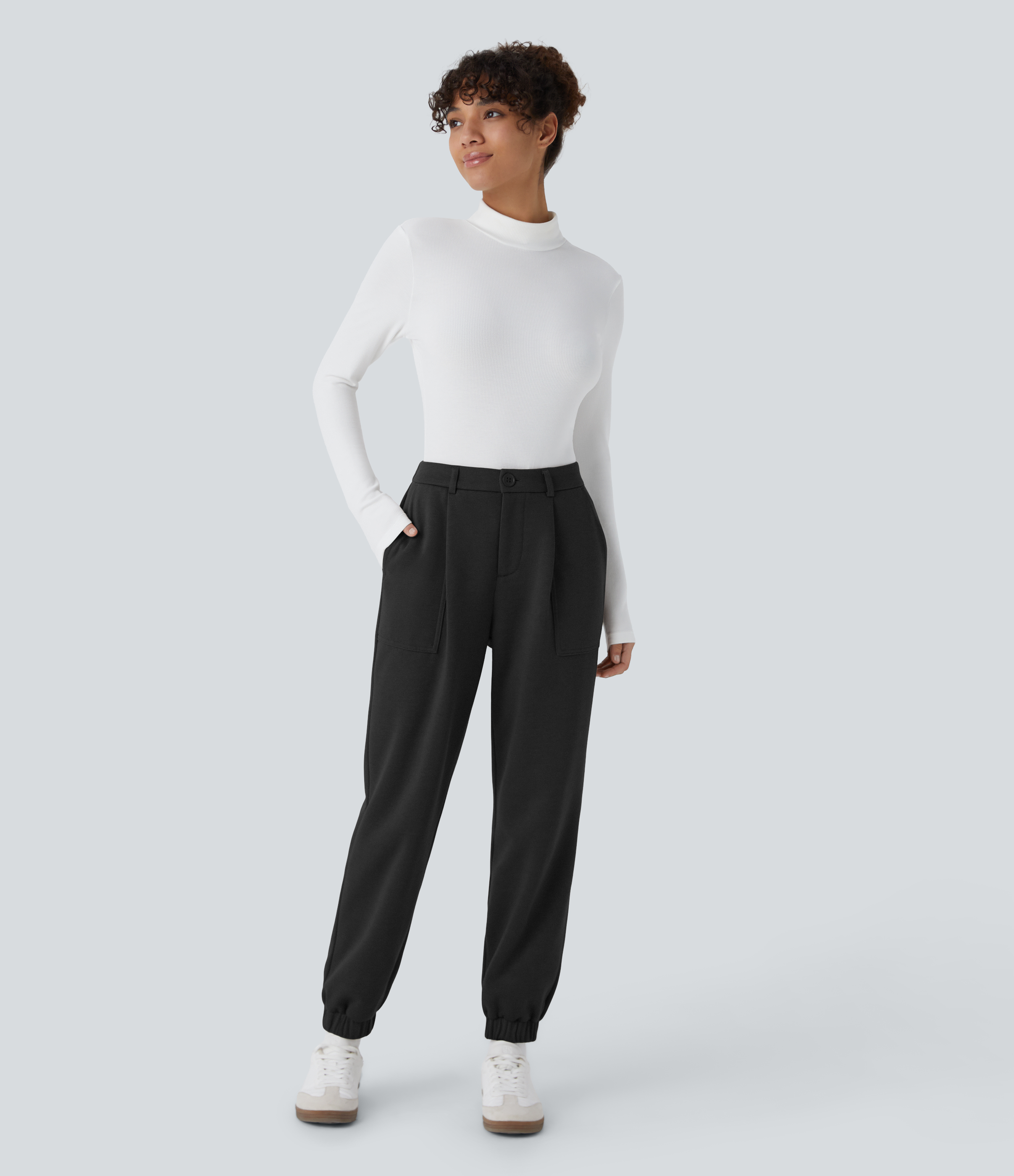 Halara High Waisted Button Zipper Side Pocket Fleece Casual Joggers  - Black - XS(regular) 