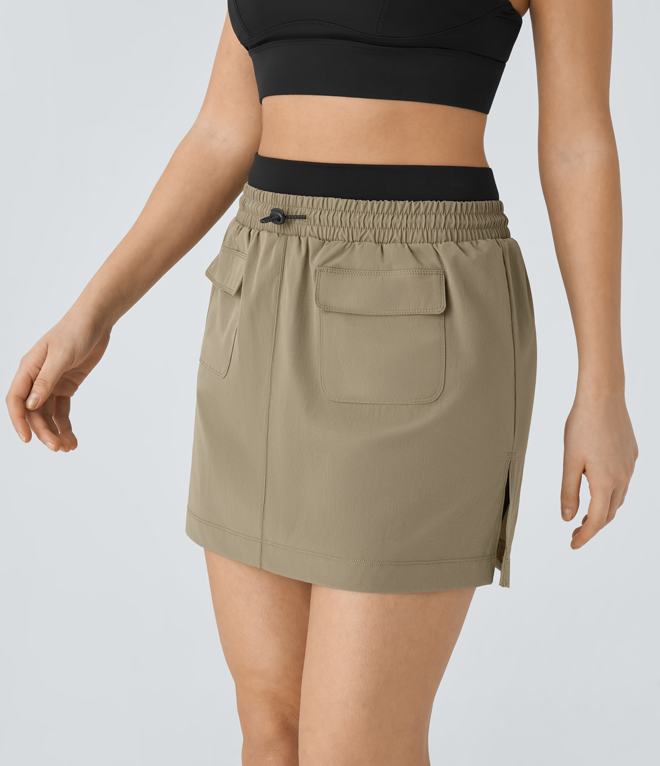 Halara High Waisted Color Block Reflective Adjustable Drawcord Multiple Pockets 2-in-1 Split Mini Cargo Hiking Skirt  - Tree House - L(regular) 