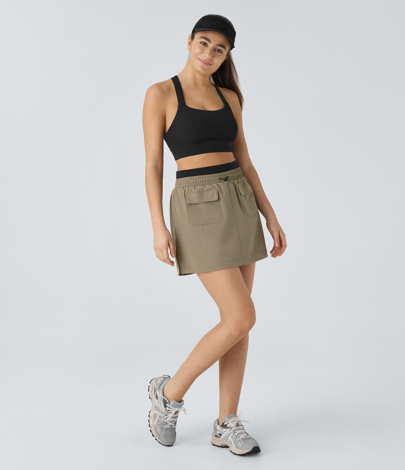 Halara High Waisted Color Block Reflective Adjustable Drawcord Multiple Pockets 2-in-1 Split Mini Cargo Hiking Skirt  - Tree House - L(regular) 
