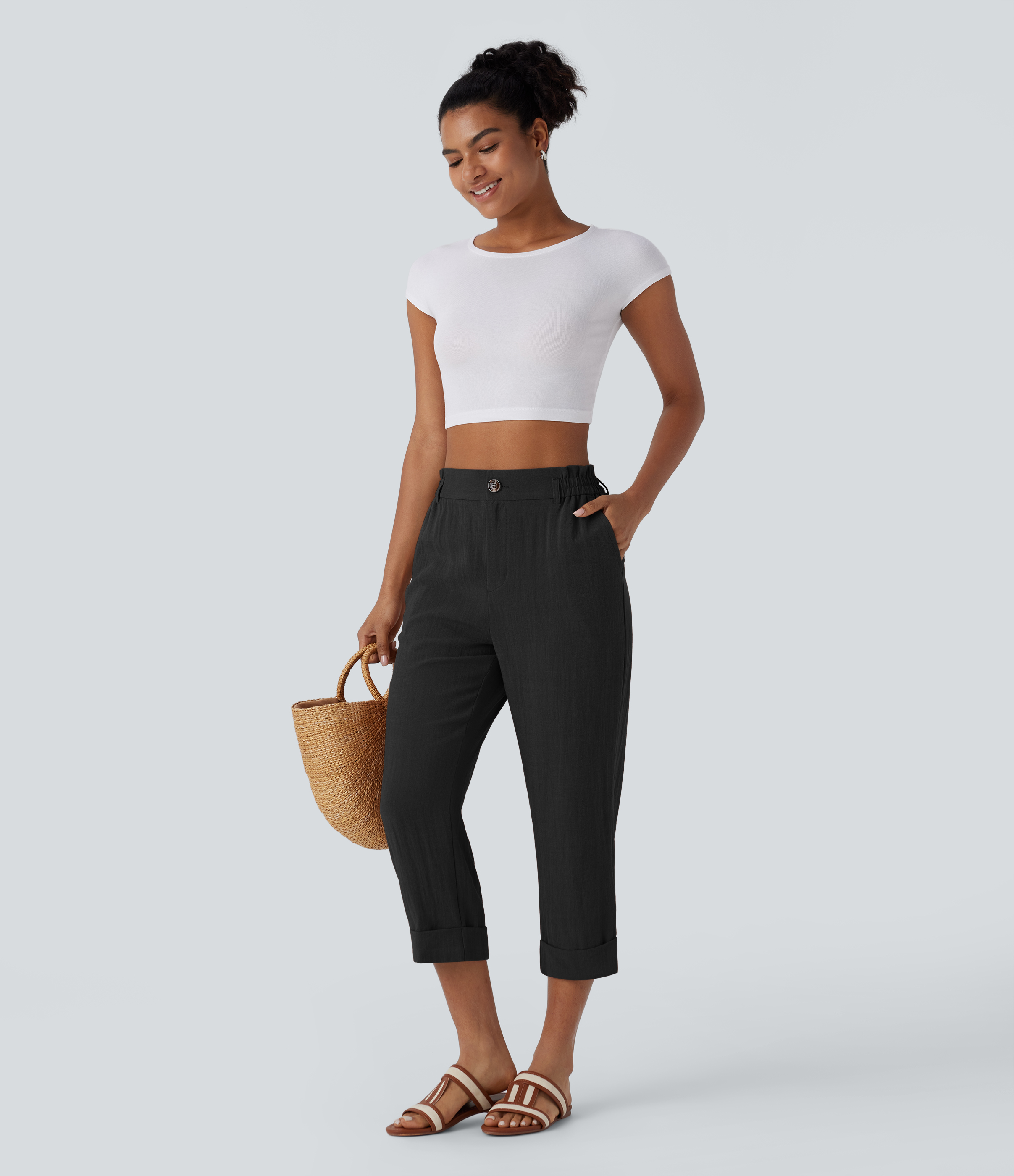Halara High Waisted Button Zipper Side Pocket Capri Resort Linen-Feel Pants  - Black - XL(regular) sweatpants jogger pants stacked sweatpants 