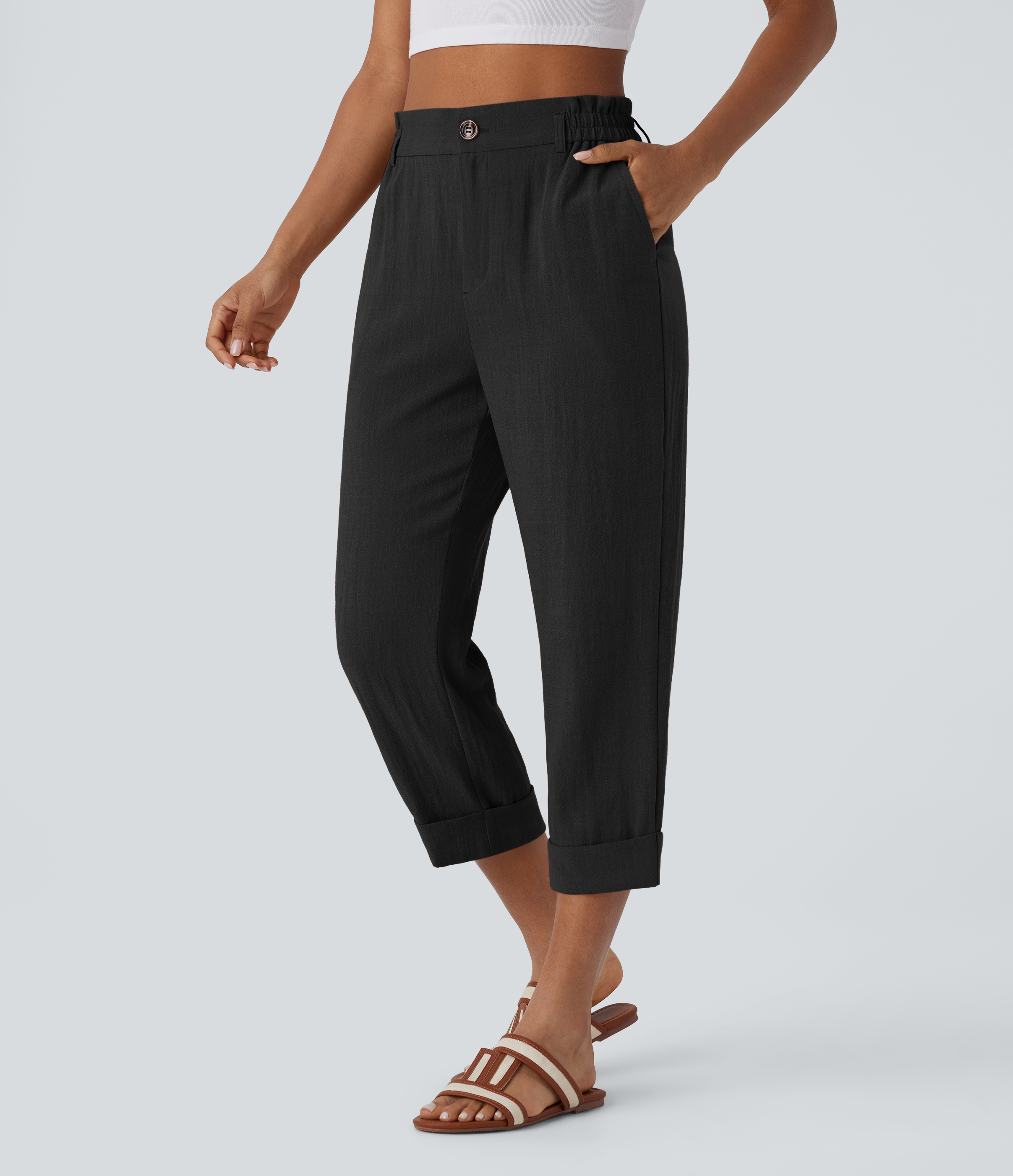 Halara High Waisted Button Zipper Side Pocket Capri Resort Linen-Feel Pants  - Black - XL(regular) sweatpants jogger pants stacked sweatpants 
