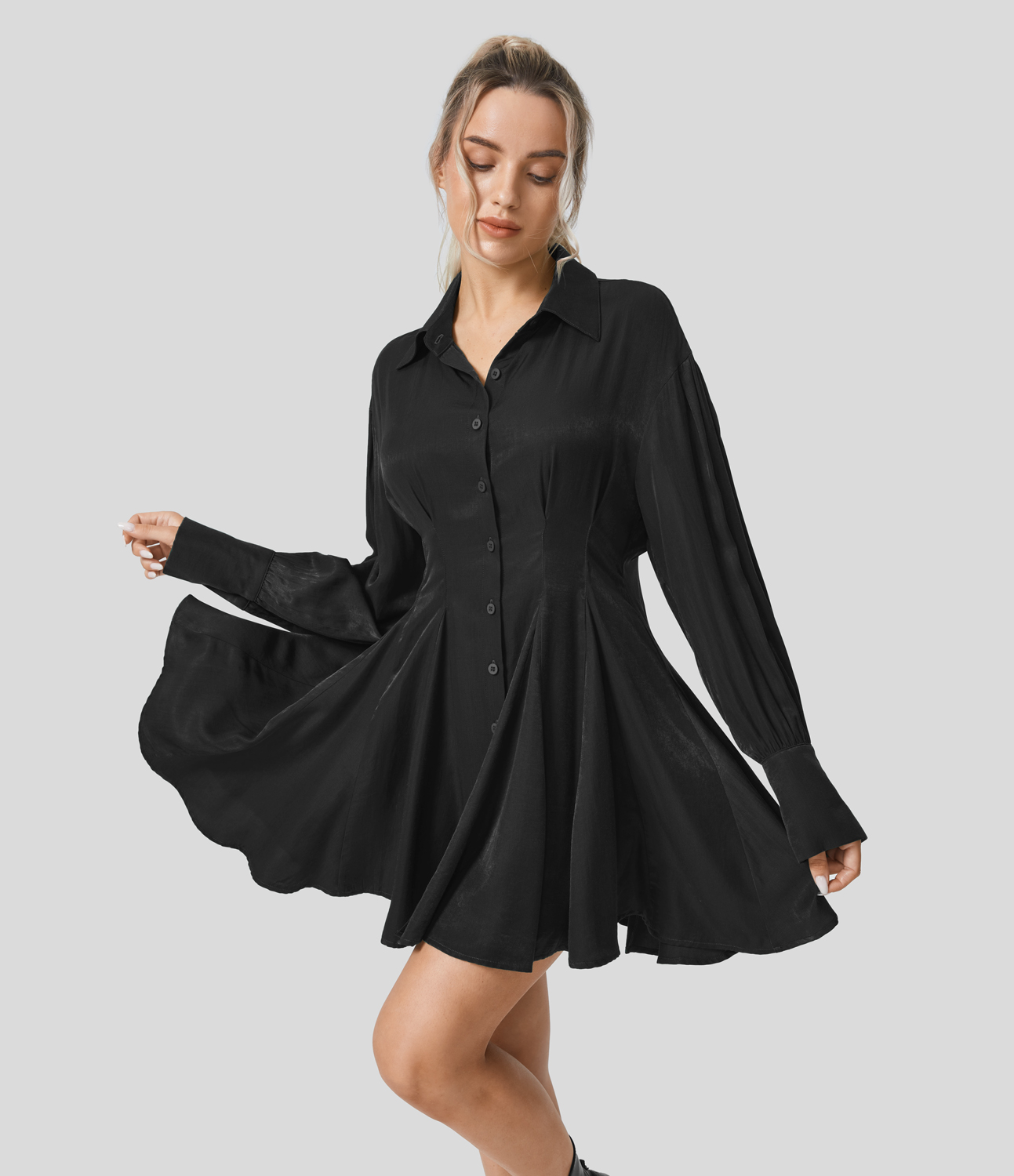 

Halara Collared Long Sleeve Skater Mini Casual Shirt Dress Casual Dress - Black -  slip dress beach dress ruched dress halter dress