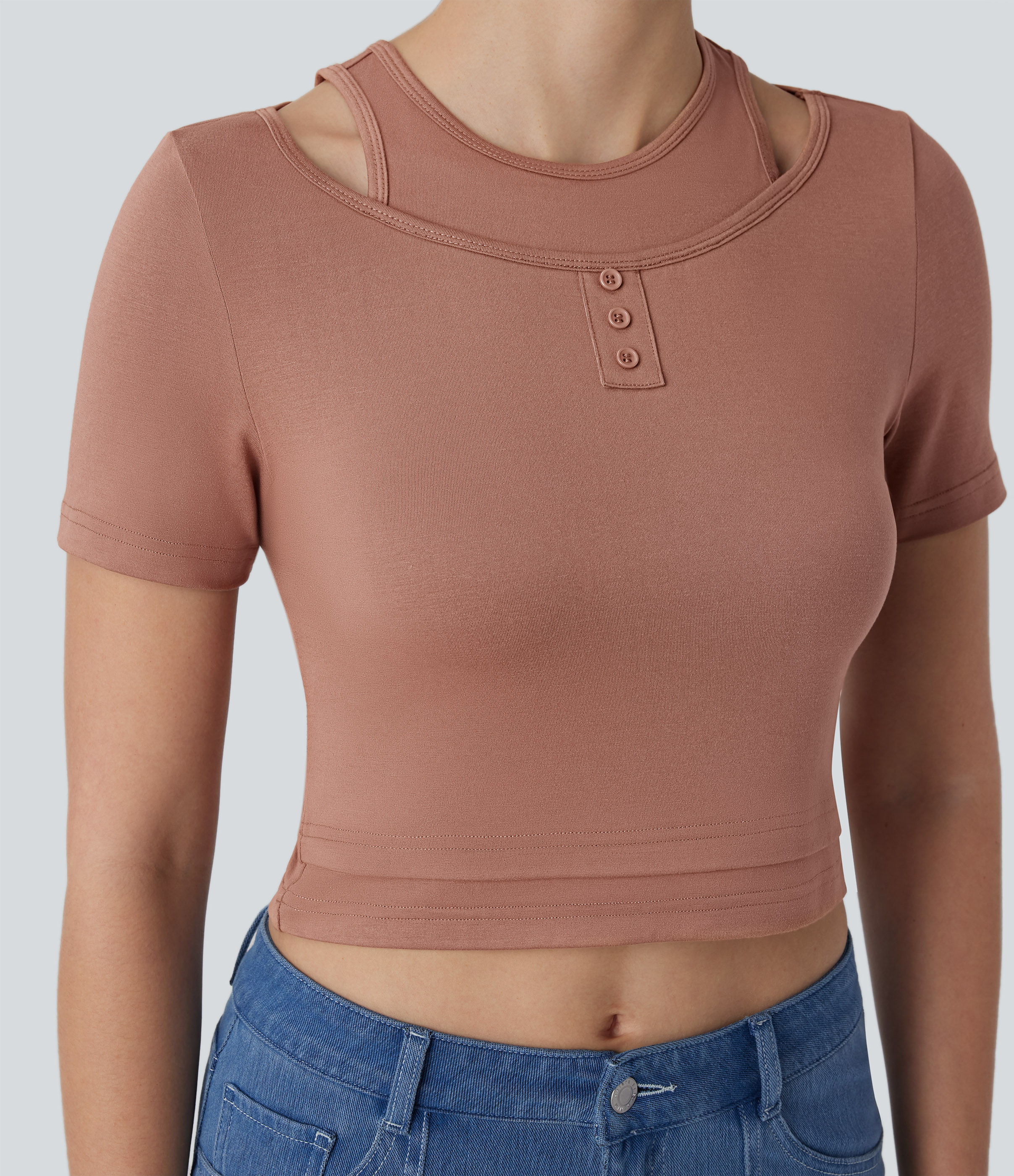 Halara Decorative Button 2-in-1 Cropped Casual T-Shirt  - Praline - XL 