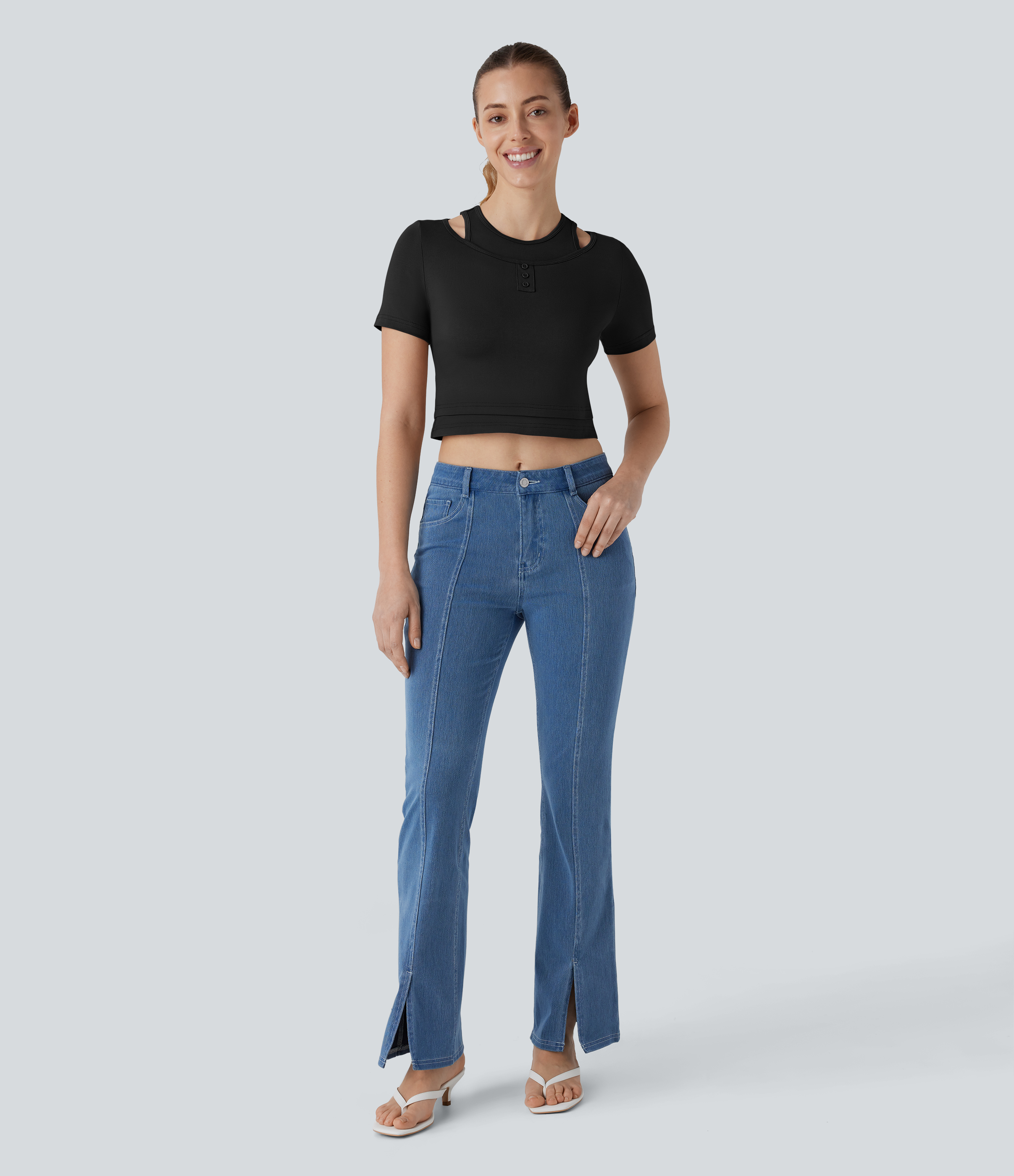 Halara Decorative Button 2-in-1 Cropped Casual T-Shirt  - Black - XS 