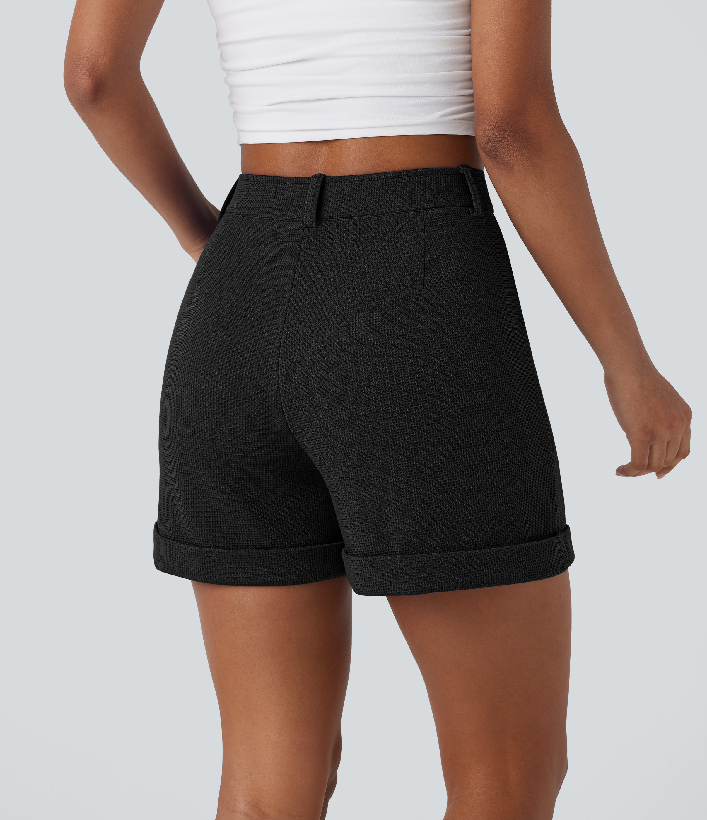 Halara High Waisted Button Zipper Side Pocket Waffle Casual Shorts  - Black - XL booty shorts compression shorts yoga shorts 