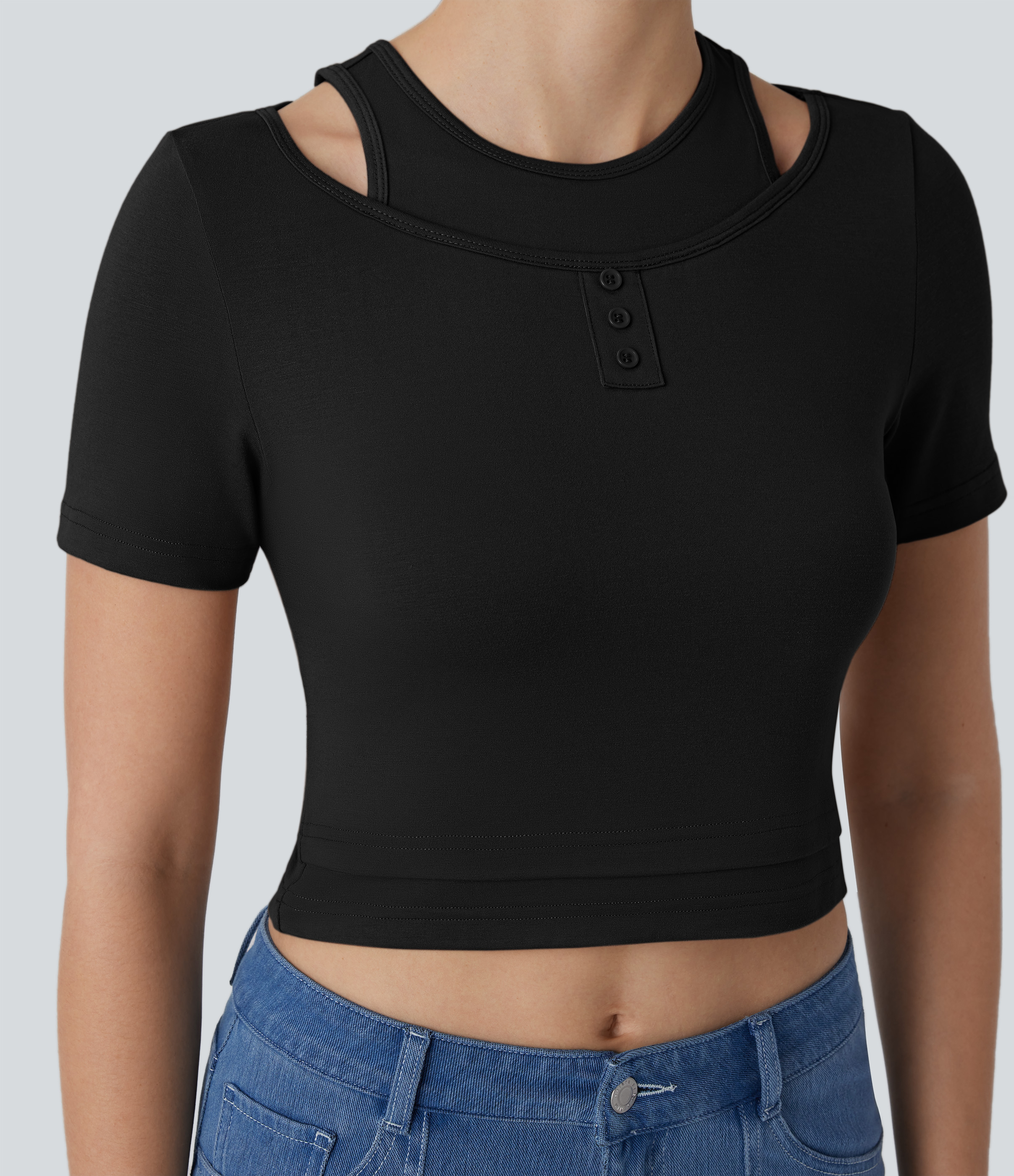 Halara Decorative Button 2-in-1 Cropped Casual T-Shirt  - Black - XS 