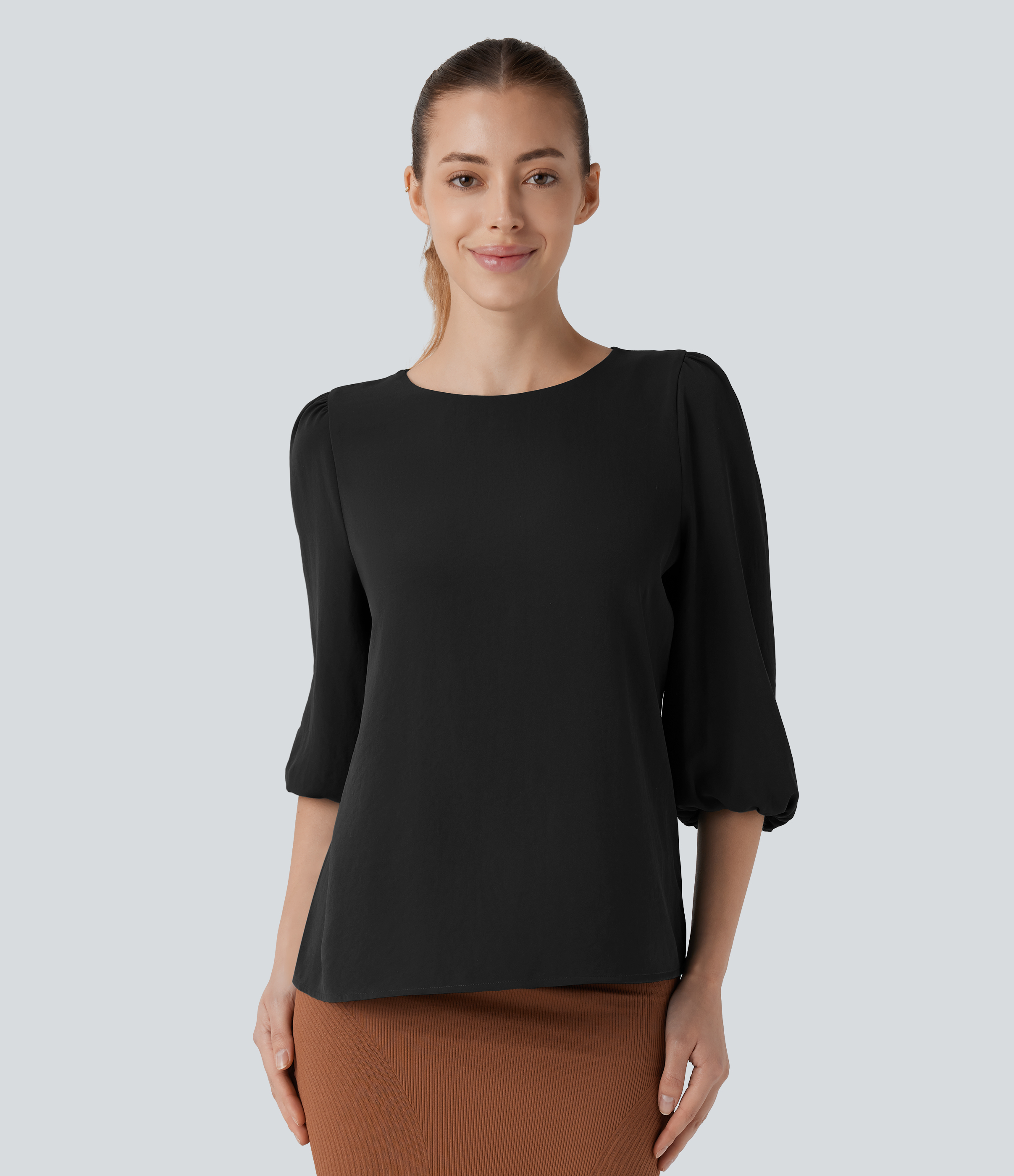 Halara Boat Neck Keyhole Back Bishop Sleeve Work Blouse  - Black - S 