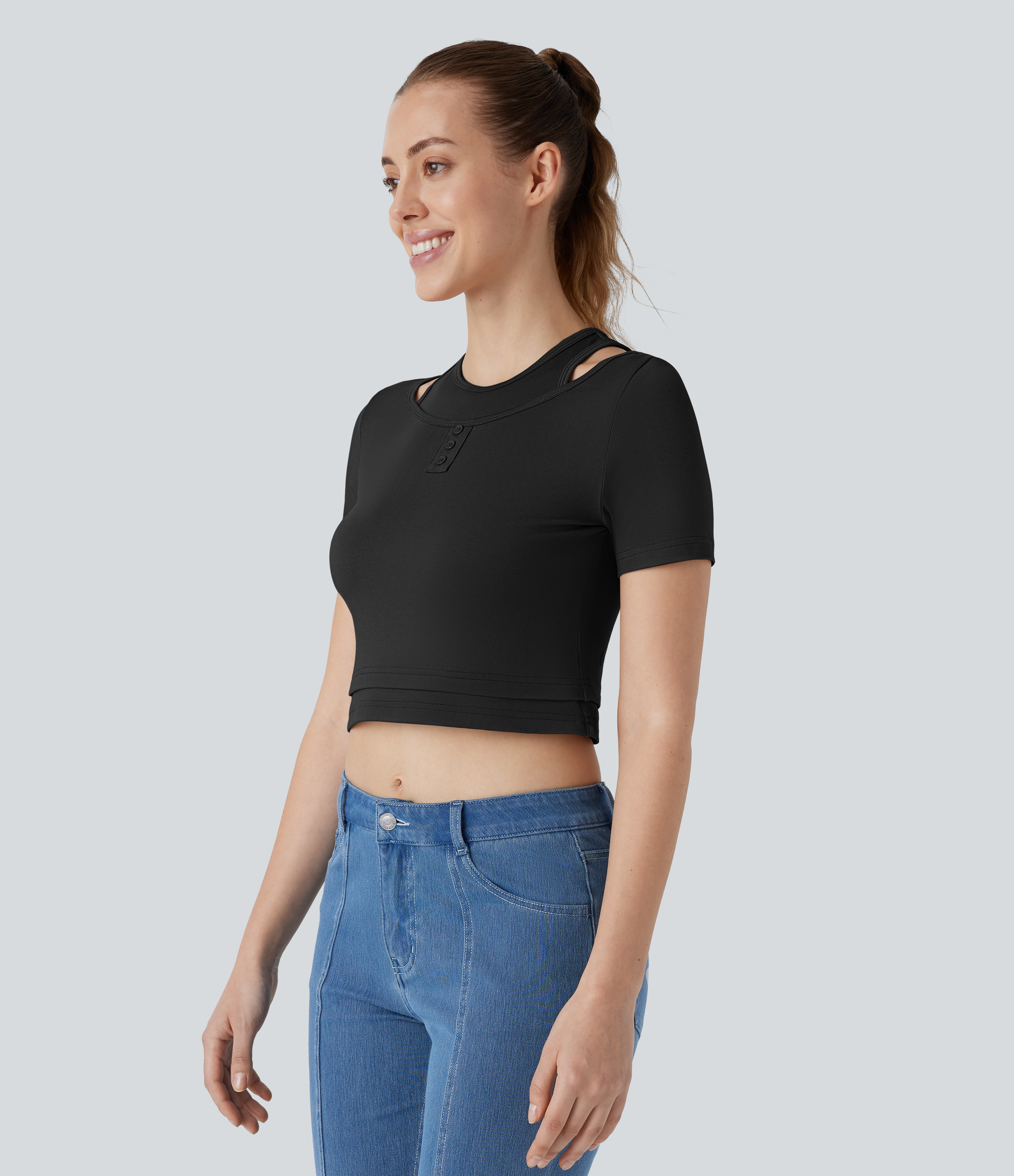 Halara Decorative Button 2-in-1 Cropped Casual T-Shirt  - Black - XS 