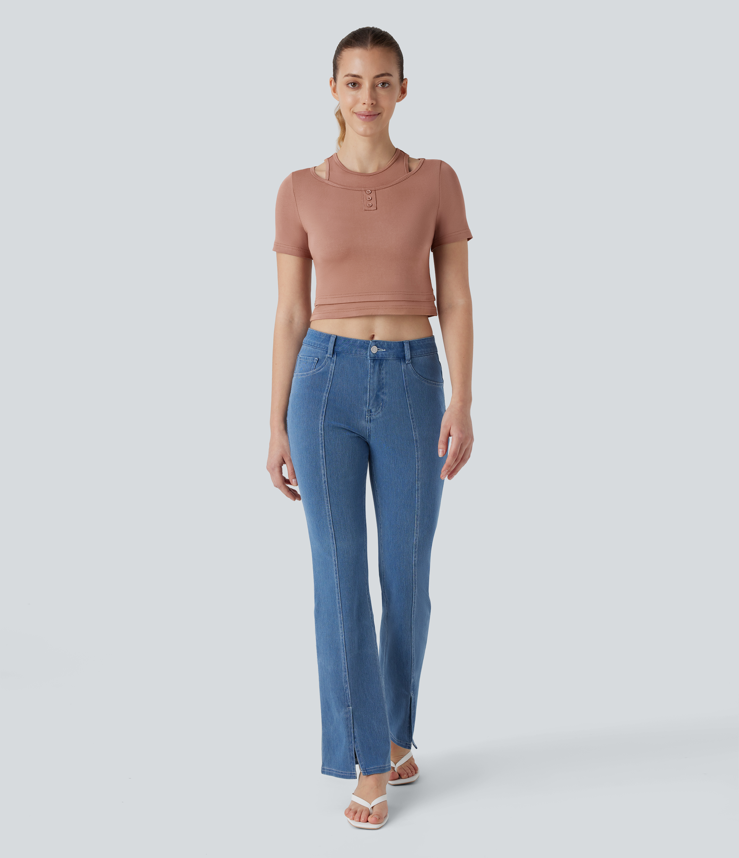 Halara Decorative Button 2-in-1 Cropped Casual T-Shirt  - Praline - XL 