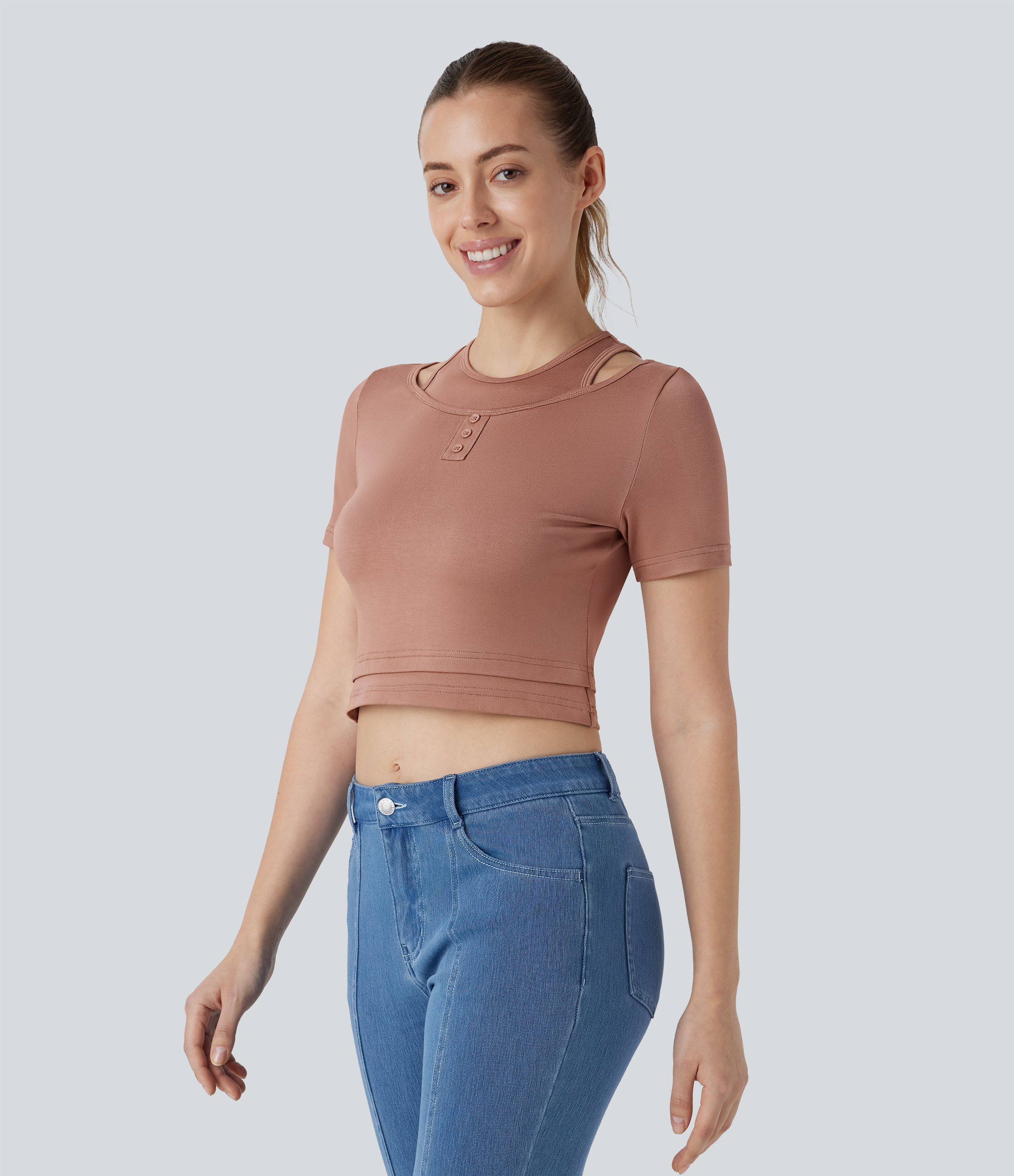 Halara Decorative Button 2-in-1 Cropped Casual T-Shirt  - Praline - XL 