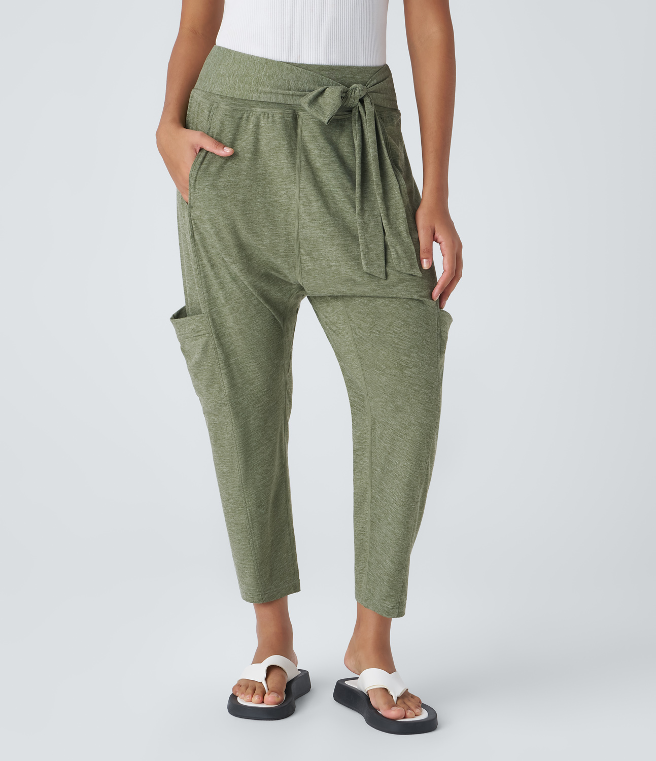 Halara Mid Rise Tie Side Multiple Pockets Casual Harem Pants  - Light Green Floral Yarn - L(regular) sweatpants jogger pants 