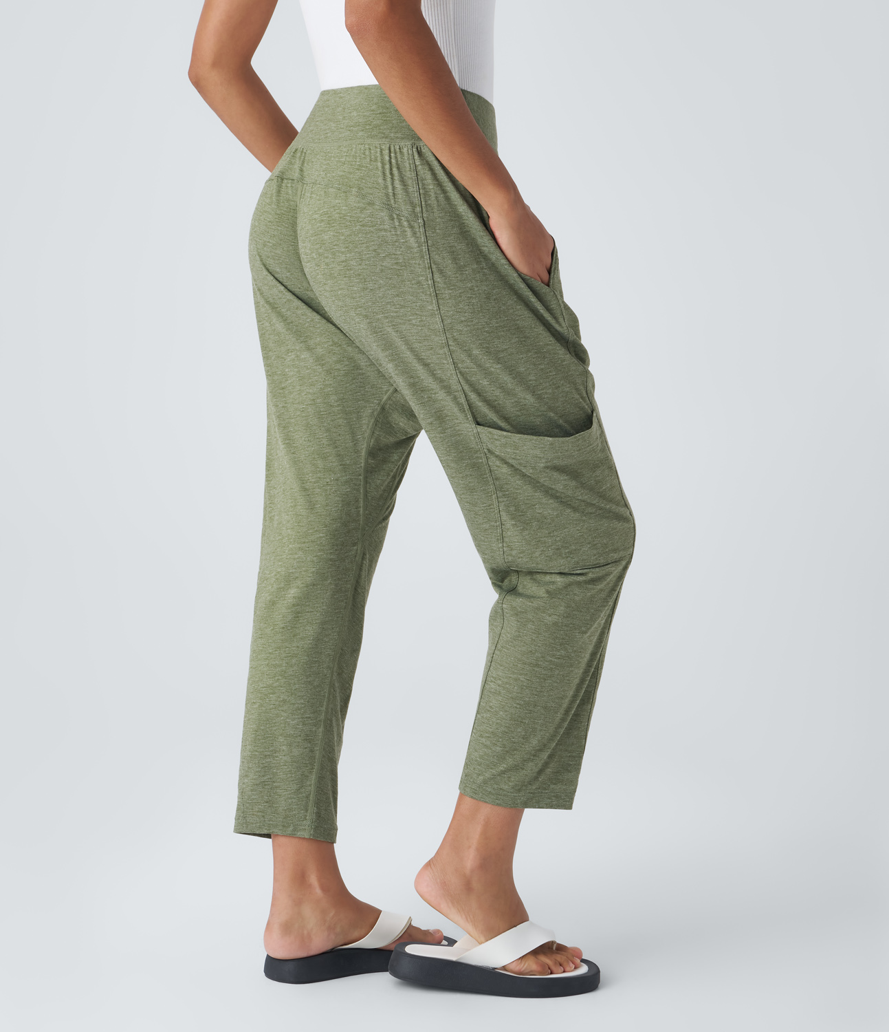 Halara Mid Rise Tie Side Multiple Pockets Casual Harem Pants  - Light Green Floral Yarn - L(regular) sweatpants jogger pants 