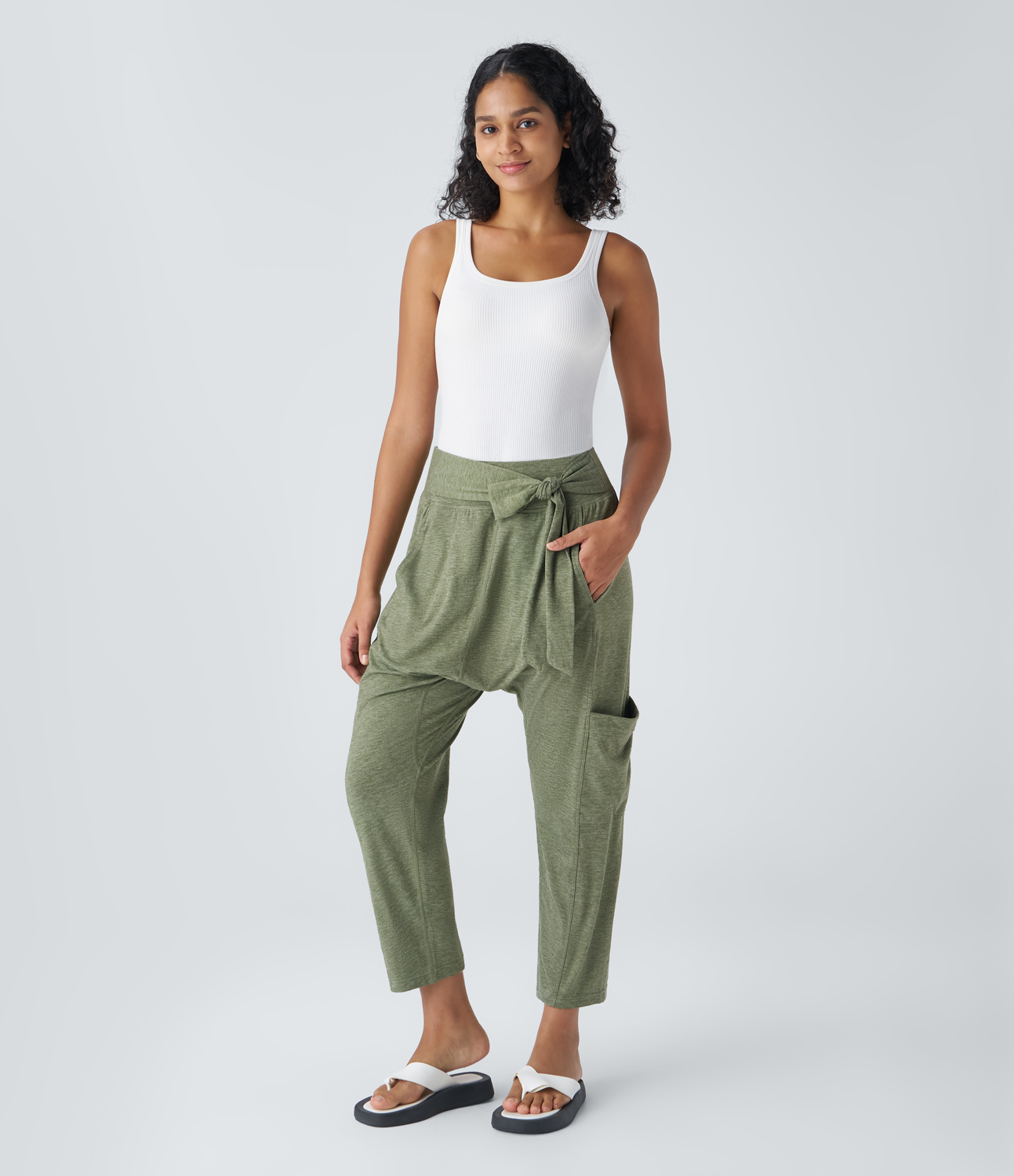 Halara Mid Rise Tie Side Multiple Pockets Casual Harem Pants  - Light Green Floral Yarn - L(regular) sweatpants jogger pants 