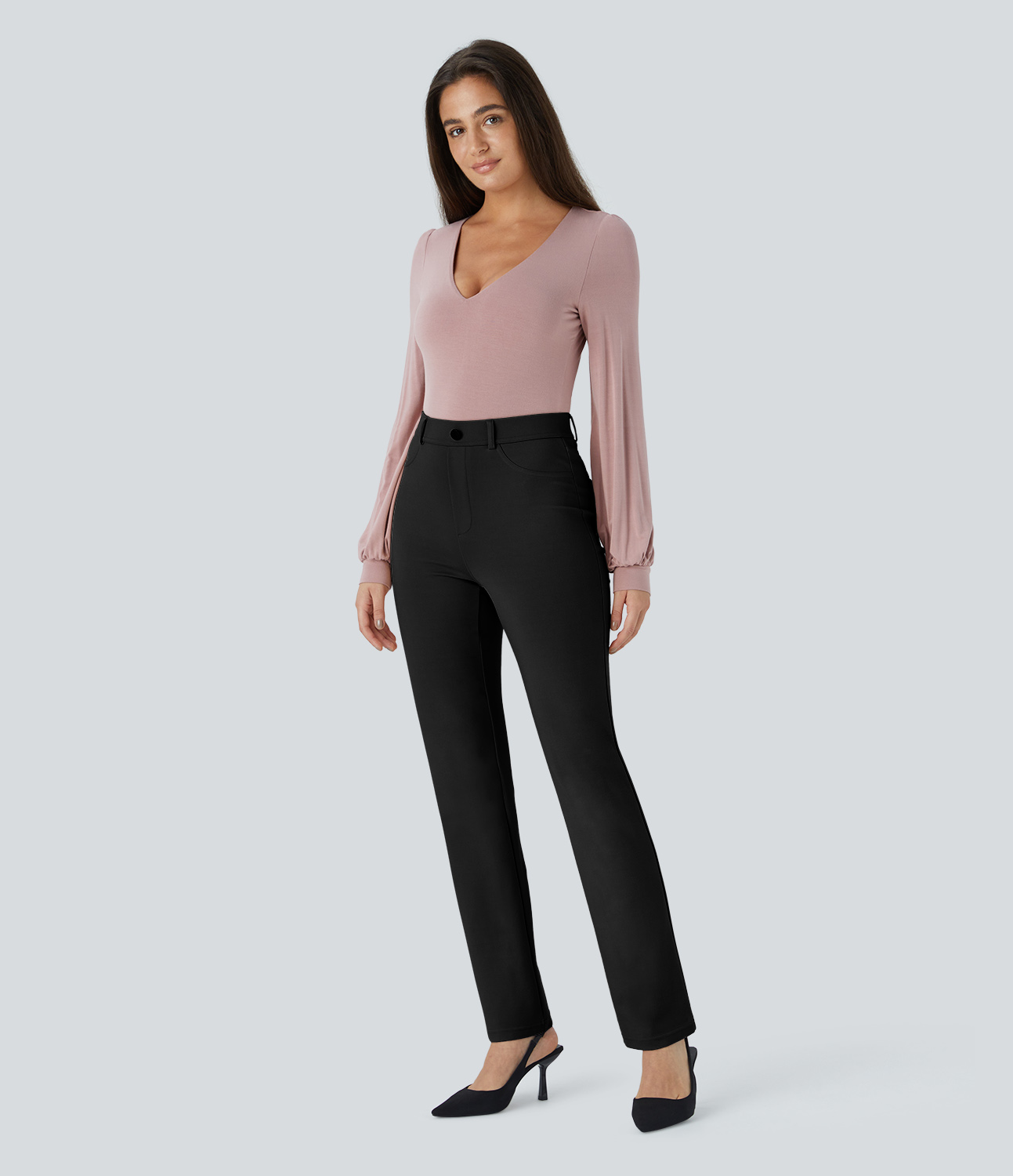 Halara HalaraFlexв„ў High Waisted Decorative Button Back Pocket Skinny Work Pants  - Black - S(regular) sweatpants jogger pants 