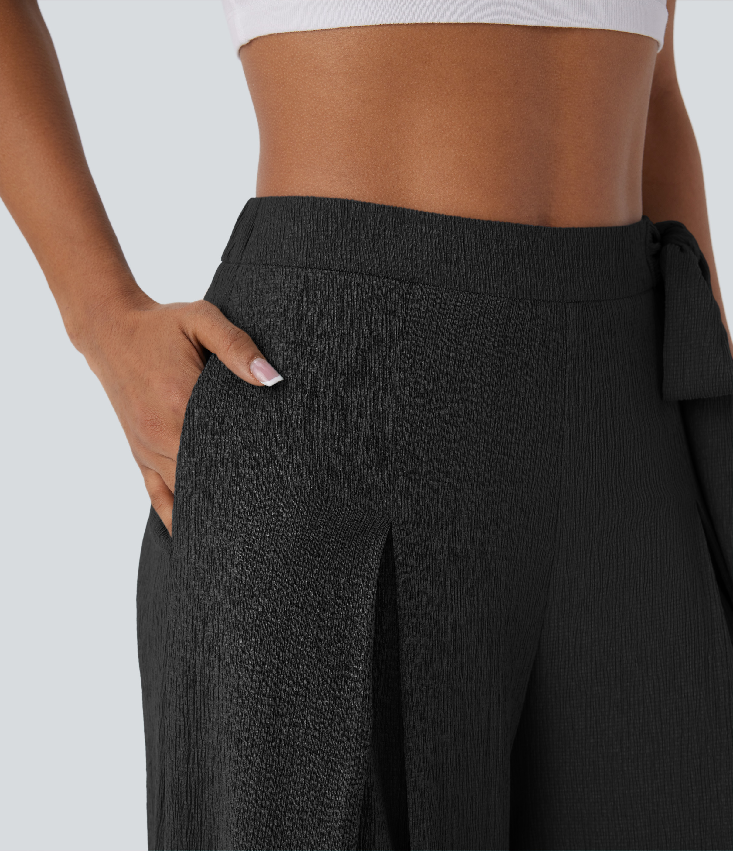 Halara High Waisted Tie Side Pocket Flowy Wide Leg Casual Pants  - Black - S(regular) sweatpants jogger pants stacked sweatpants 