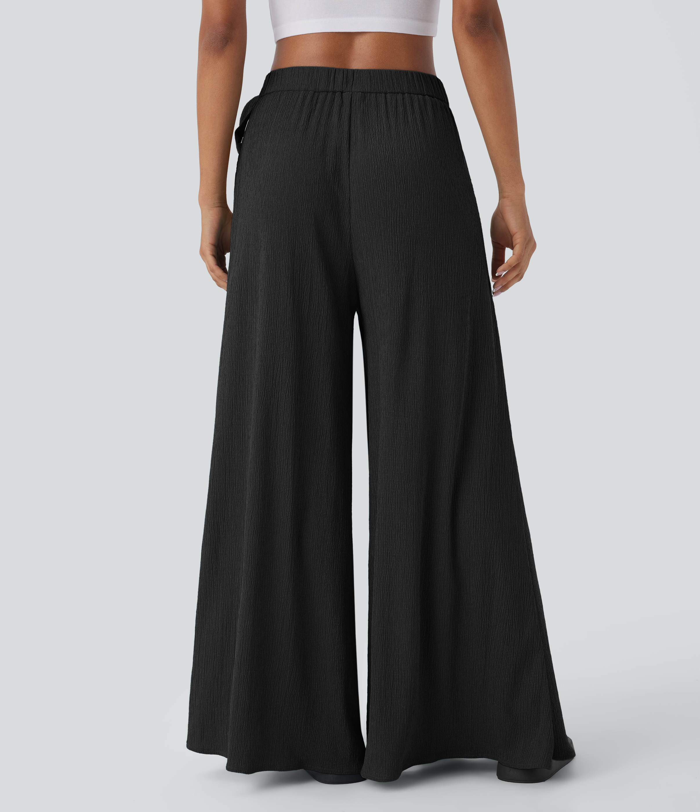 Halara High Waisted Tie Side Pocket Flowy Wide Leg Casual Pants  - Black - S(regular) sweatpants jogger pants stacked sweatpants 