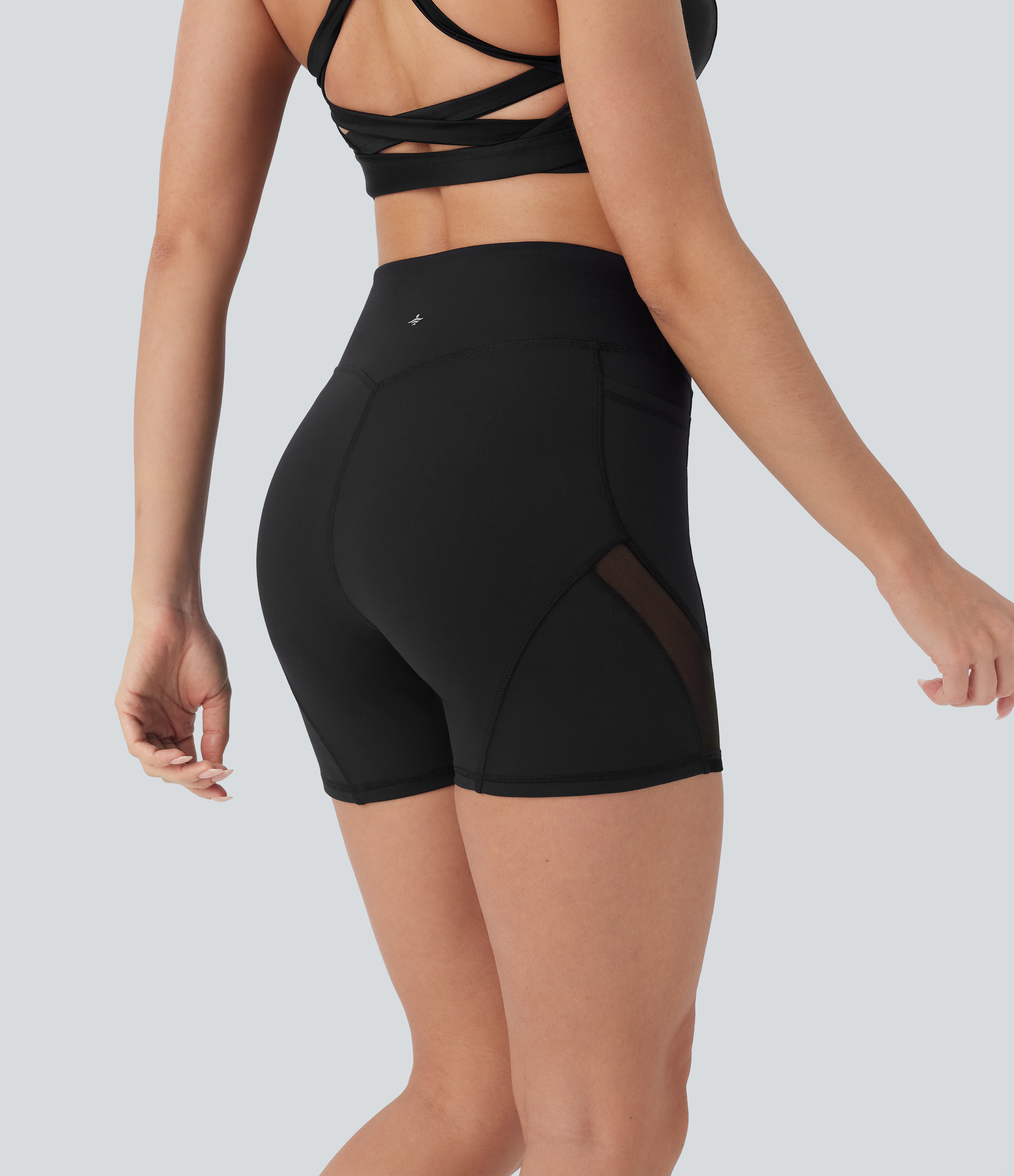 Halara HaloTek Airв„ў High Waisted Side Pocket Contrast Mesh Yoga Biker Shorts 4``  - Black - S biker shorts women black biker shorts 