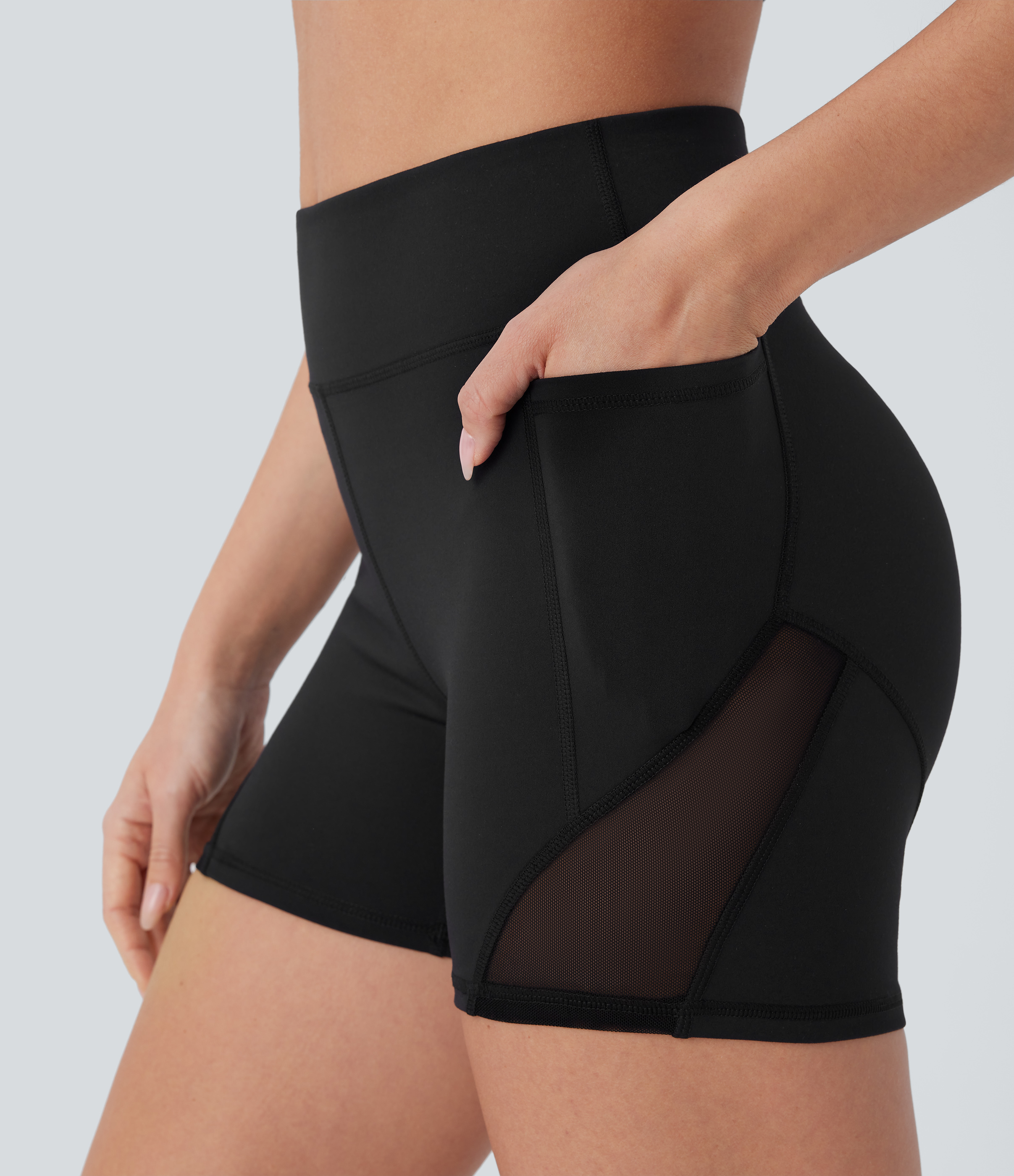 Halara HaloTek Airв„ў High Waisted Side Pocket Contrast Mesh Yoga Biker Shorts 4``  - Black - S biker shorts women black biker shorts 