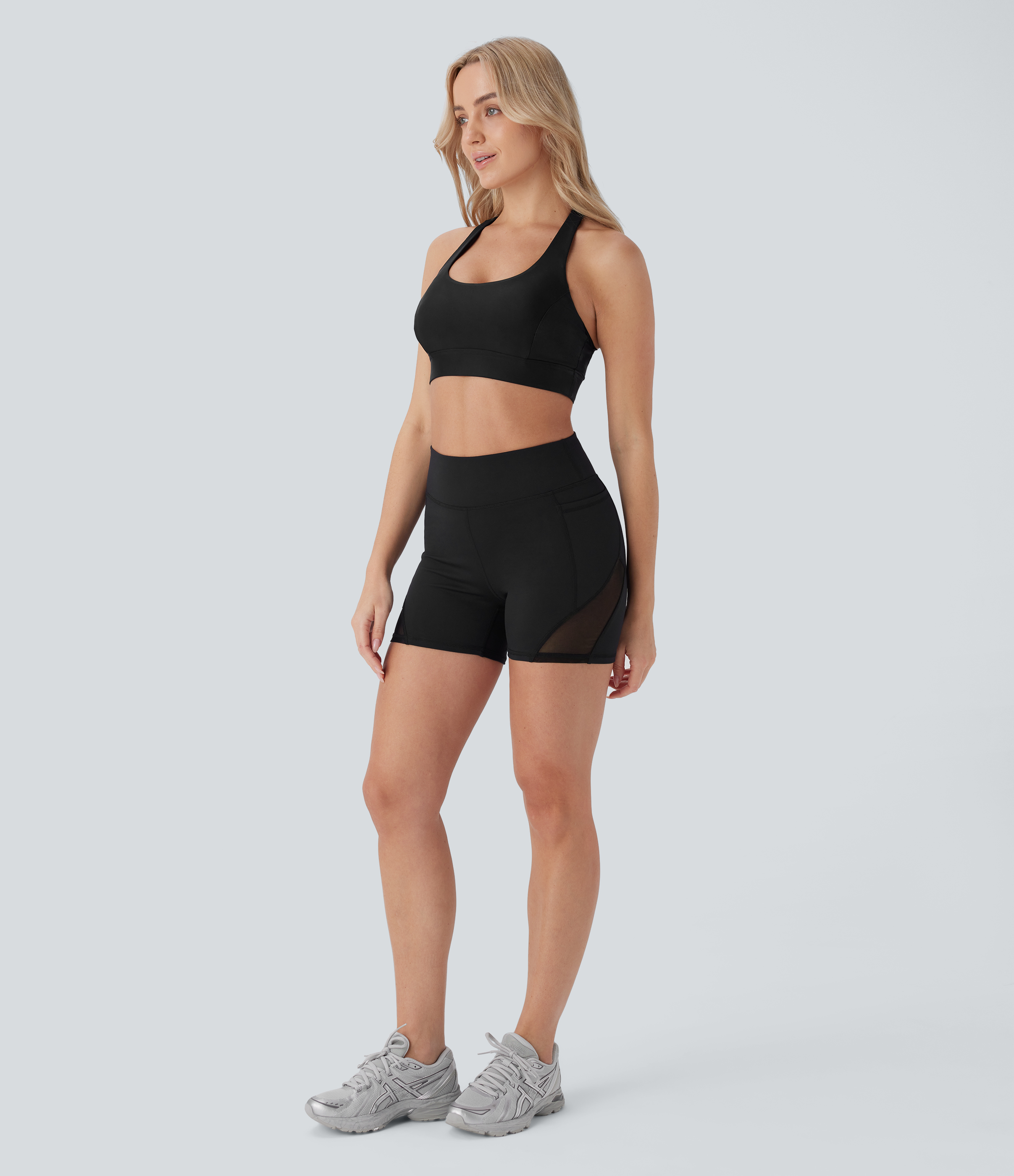 Halara HaloTek Airв„ў High Waisted Side Pocket Contrast Mesh Yoga Biker Shorts 4``  - Black - S biker shorts women black biker shorts 